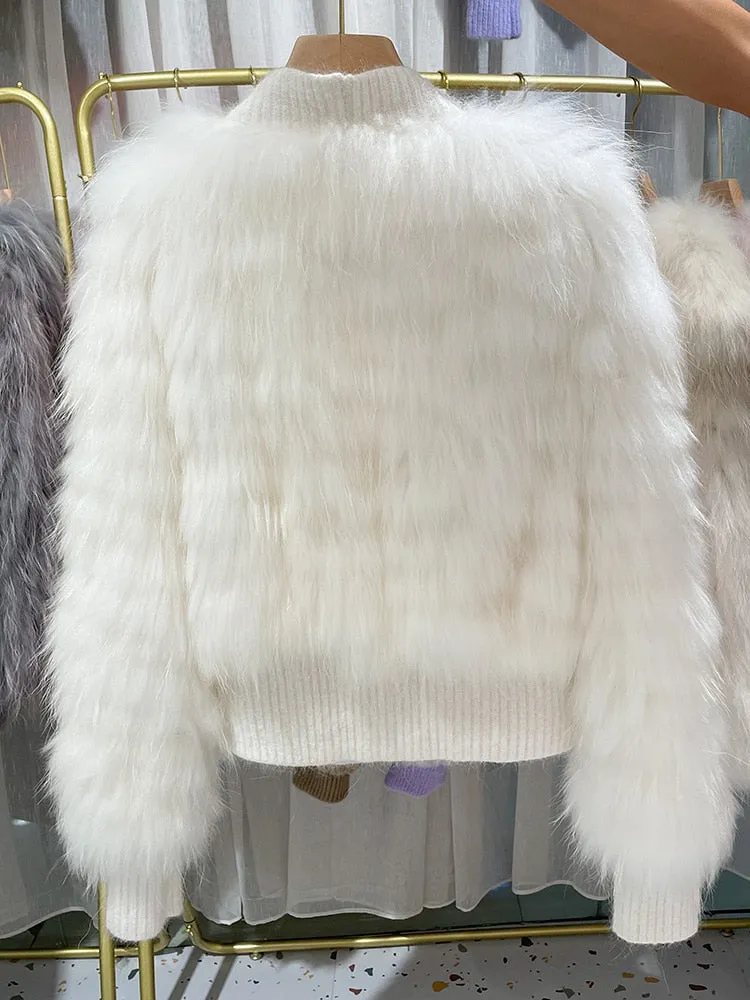 Natural Fur V Neck Raccoon Fur Warm Puff Sleeve Jacket
