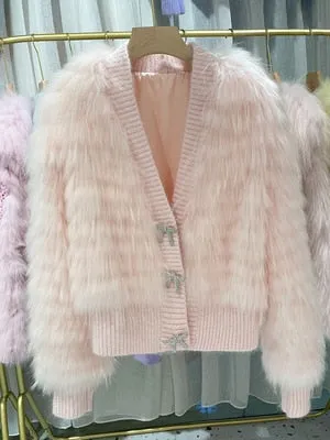 Natural Fur V Neck Raccoon Fur Warm Puff Sleeve Jacket