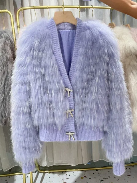 Natural Fur V Neck Raccoon Fur Warm Puff Sleeve Jacket