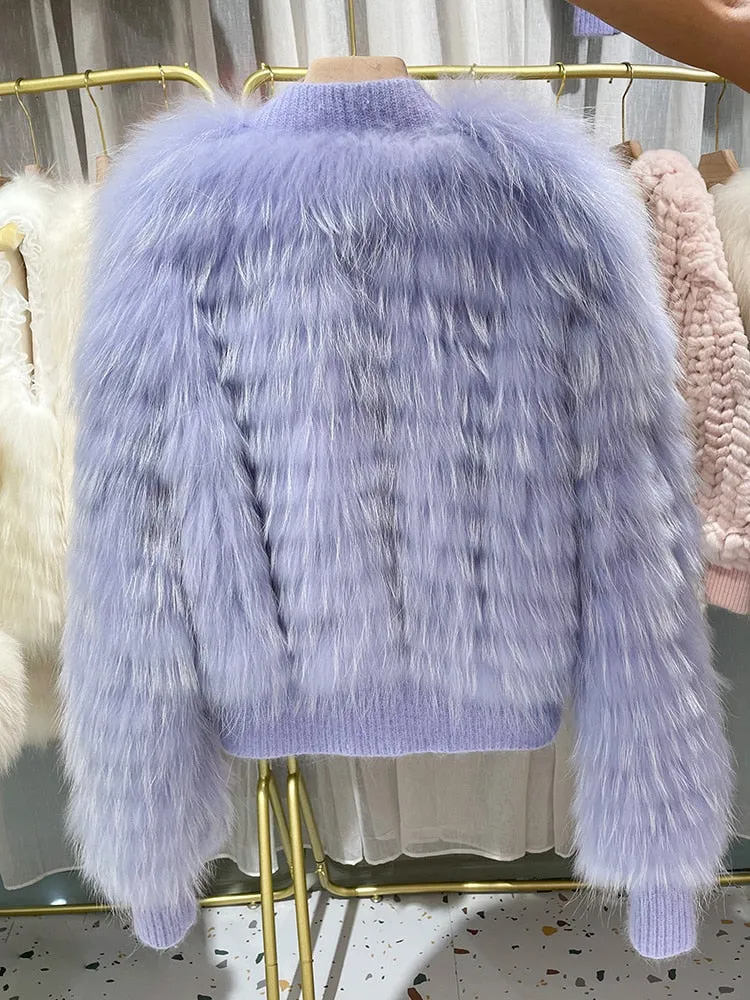 Natural Fur V Neck Raccoon Fur Warm Puff Sleeve Jacket