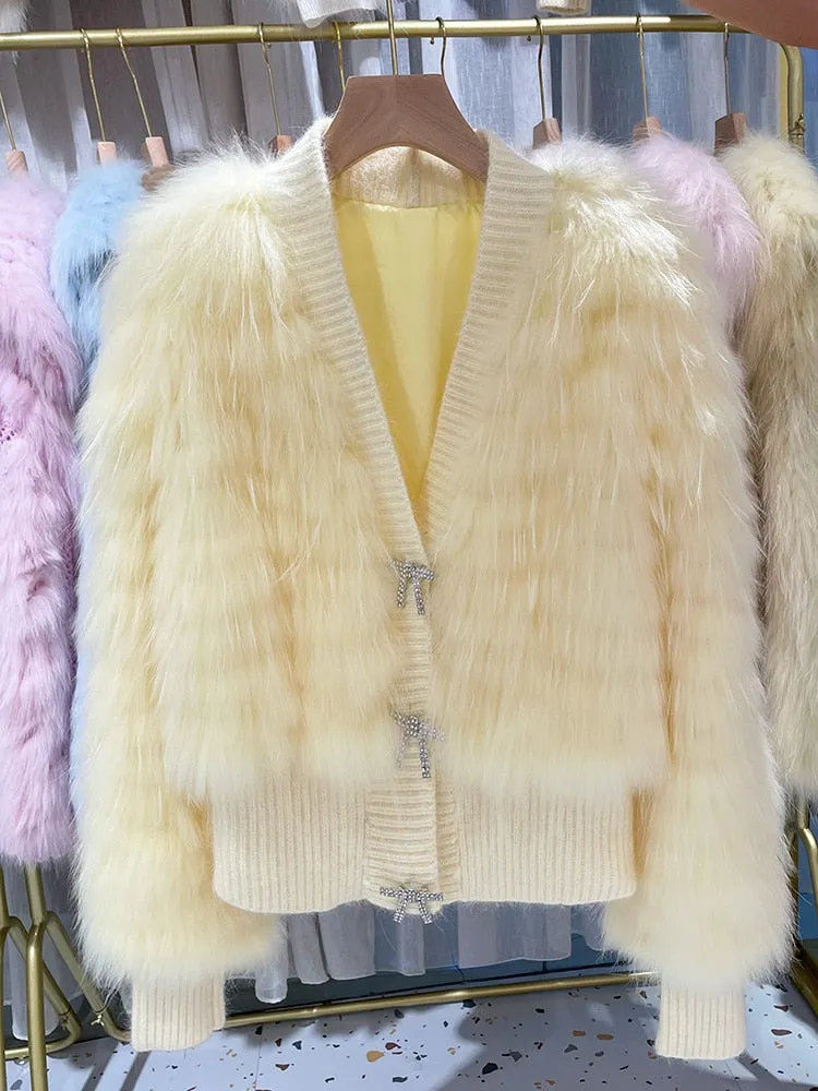 Natural Fur V Neck Raccoon Fur Warm Puff Sleeve Jacket