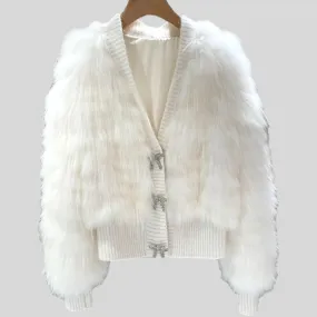 Natural Fur V Neck Raccoon Fur Warm Puff Sleeve Jacket
