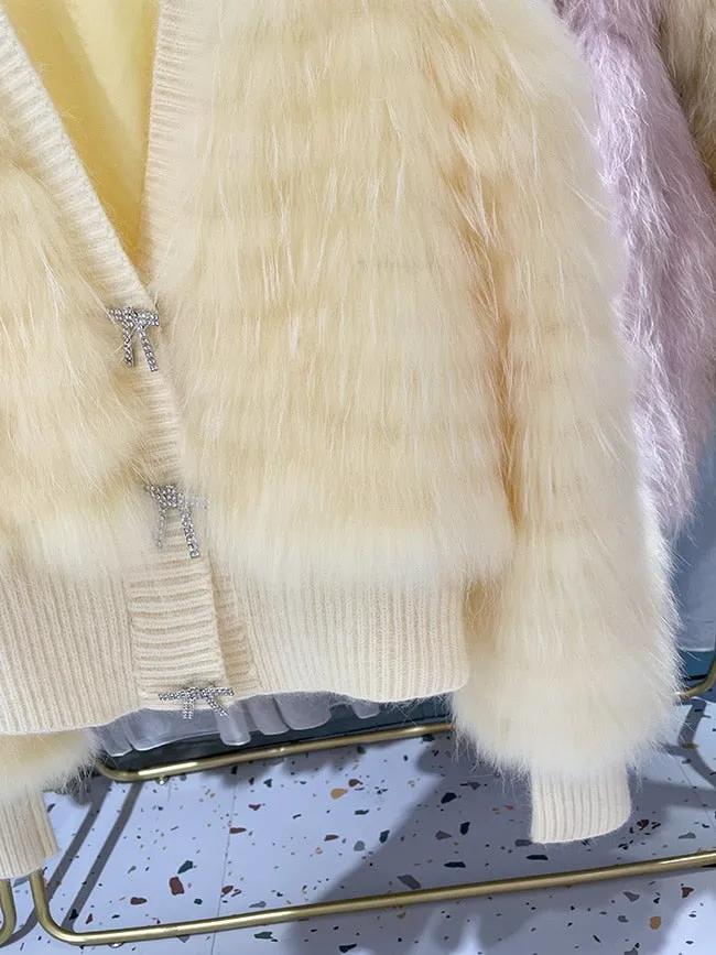 Natural Fur V Neck Raccoon Fur Warm Puff Sleeve Jacket