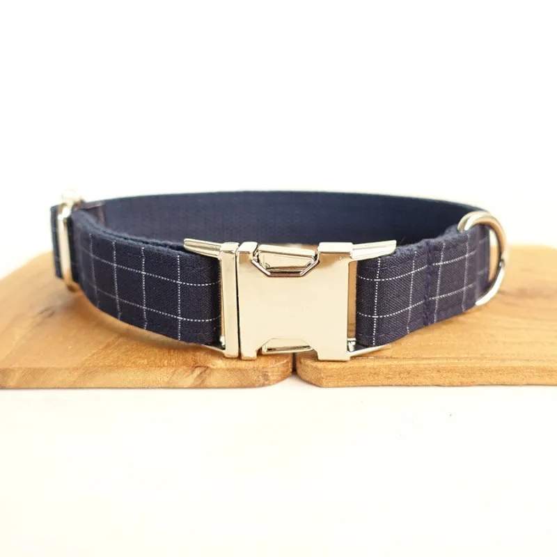 Navy Gingham Dog Collar Bow Tie Set