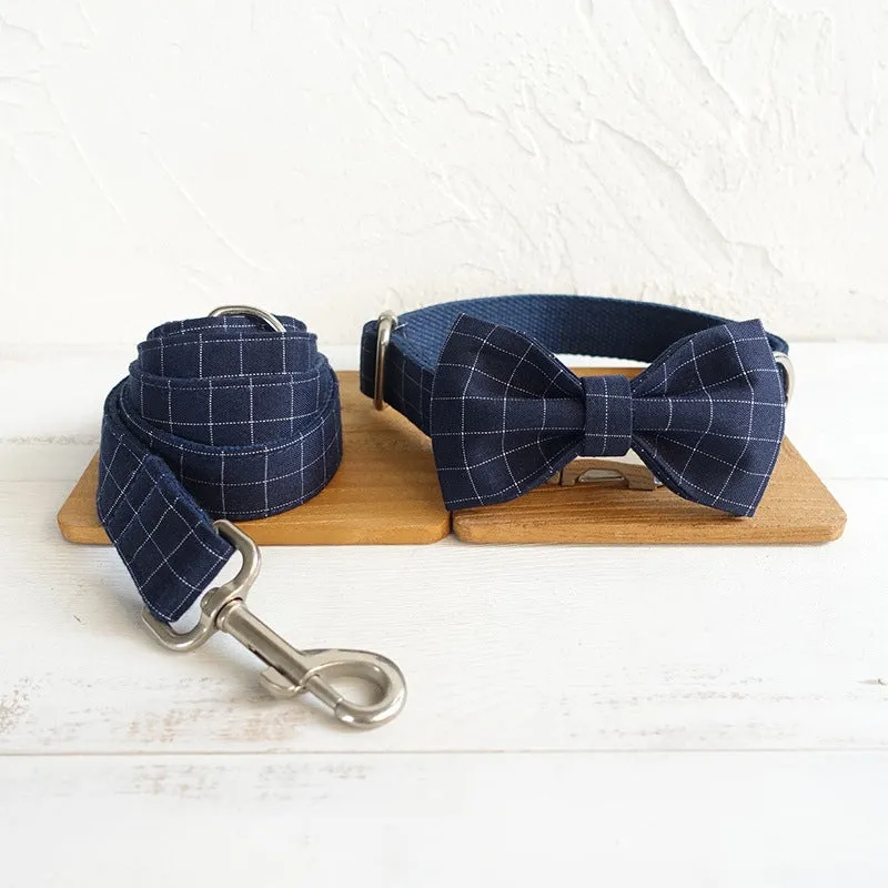 Navy Gingham Dog Collar Bow Tie Set