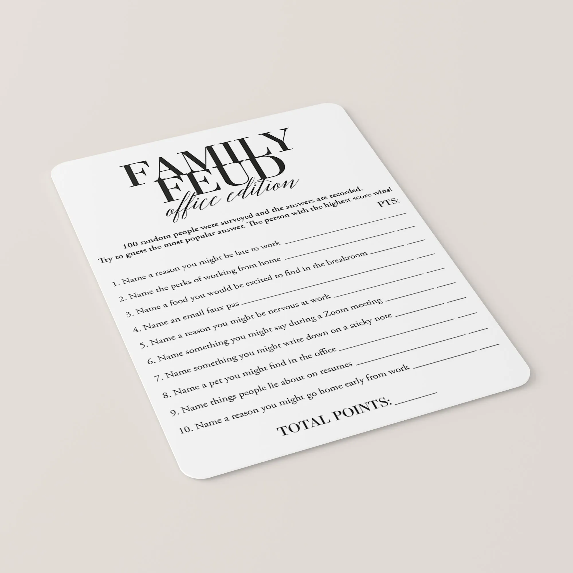 Office Family Feud Questions and Answers Printable