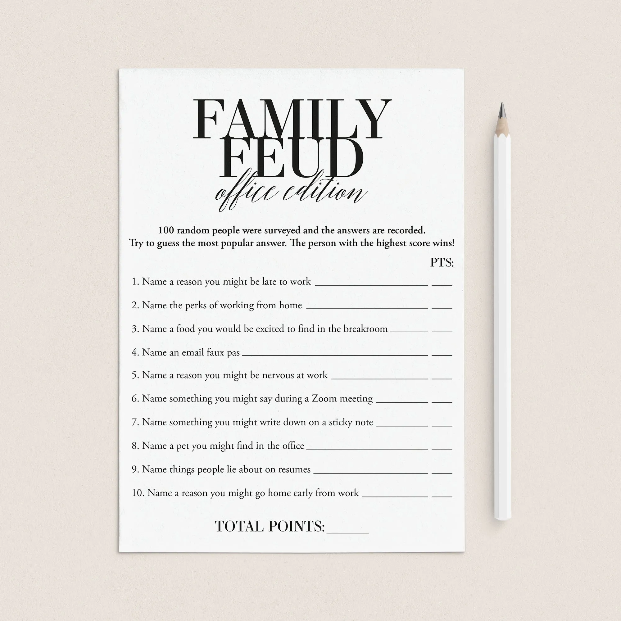 Office Family Feud Questions and Answers Printable