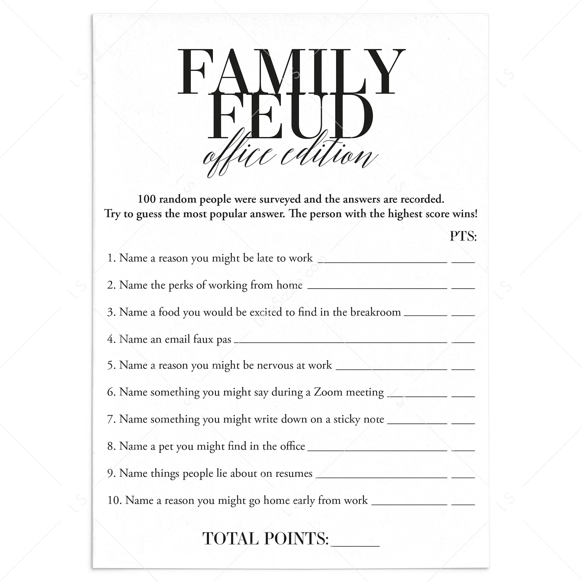 Office Family Feud Questions and Answers Printable