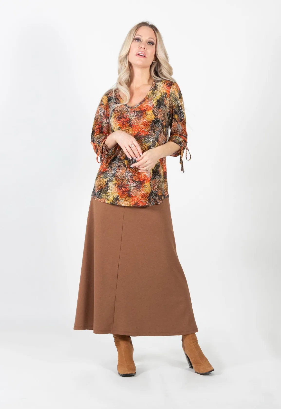 Orange Pattern V-Neck Tunic with Ties