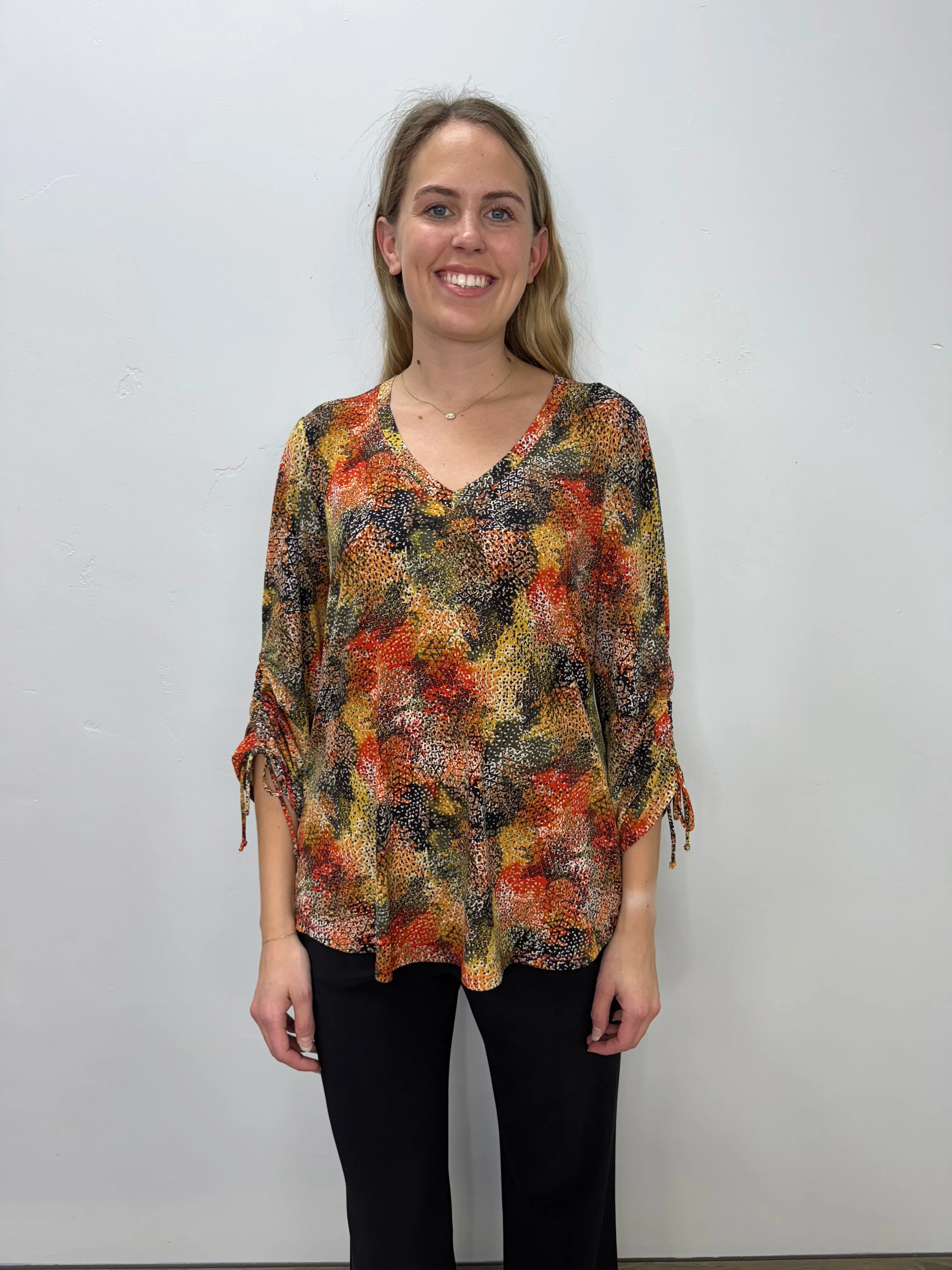 Orange Pattern V-Neck Tunic with Ties