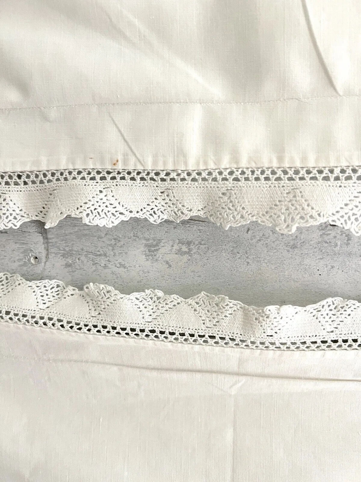 PAIR antique French  LARGE linen ecru PILLOW SHAM FILET LACE trim c1900