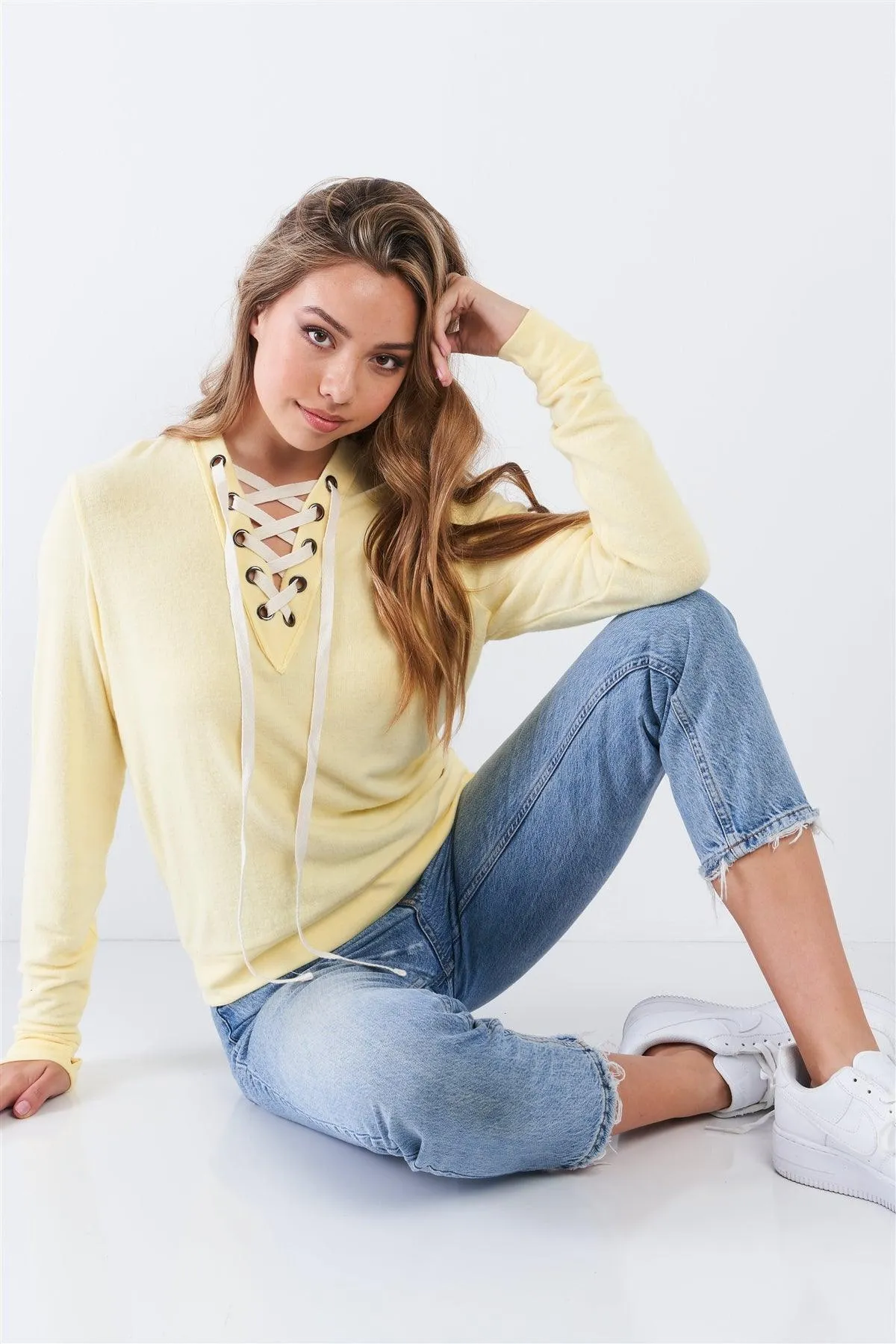 Pale Banana Long Sleeve Lace Up Front Top