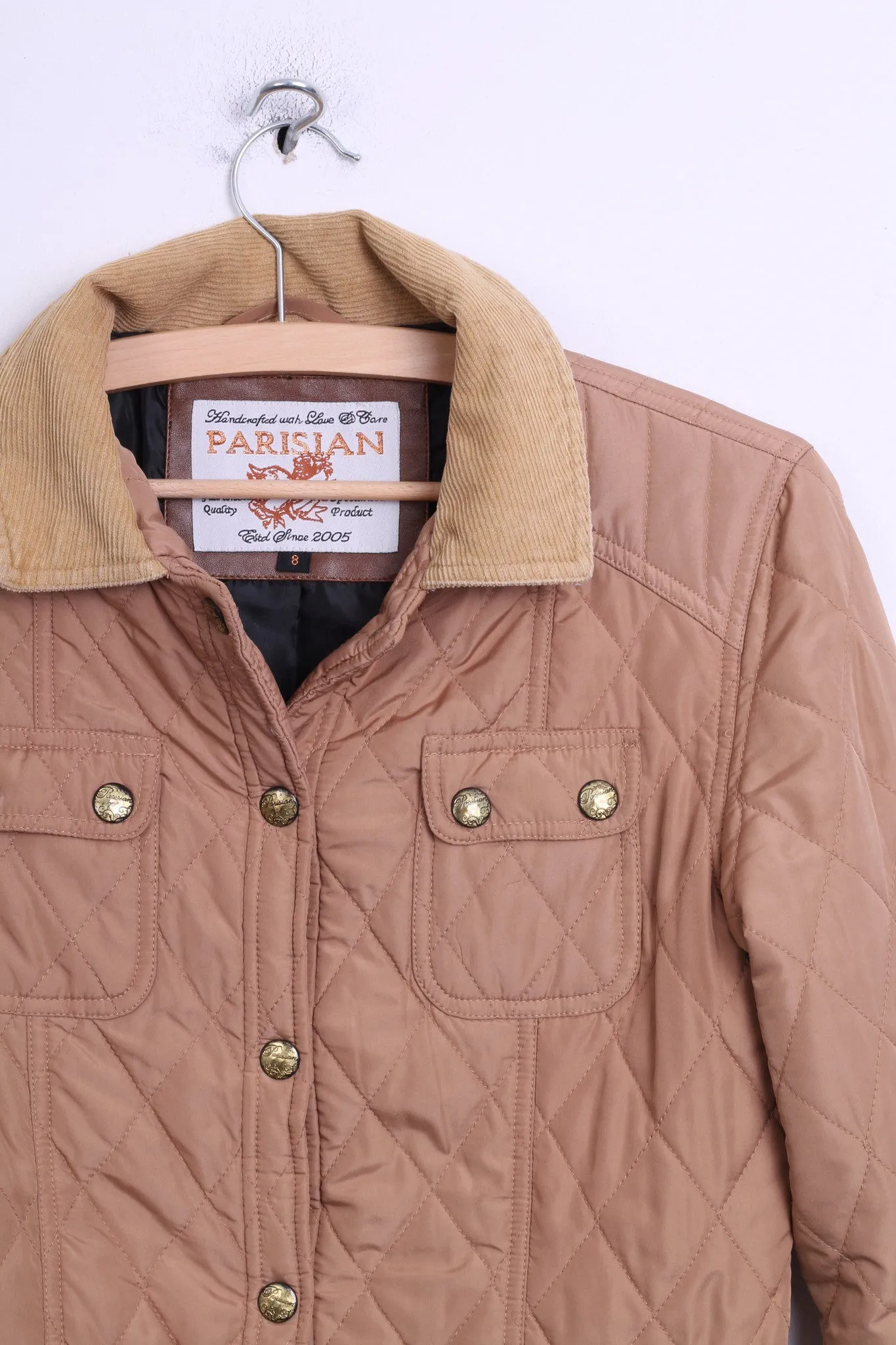 Parisian Womens 8 S Quilted Jacket Beige Patch Handcrafted