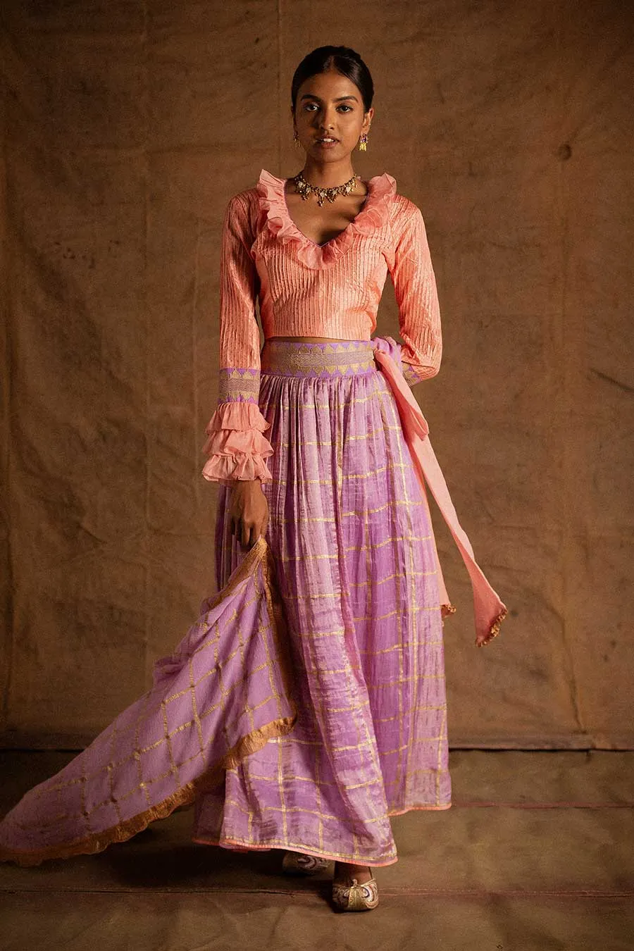 Peach Lilac Kadi Print Lehenga Set