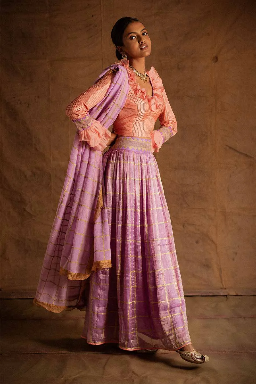 Peach Lilac Kadi Print Lehenga Set