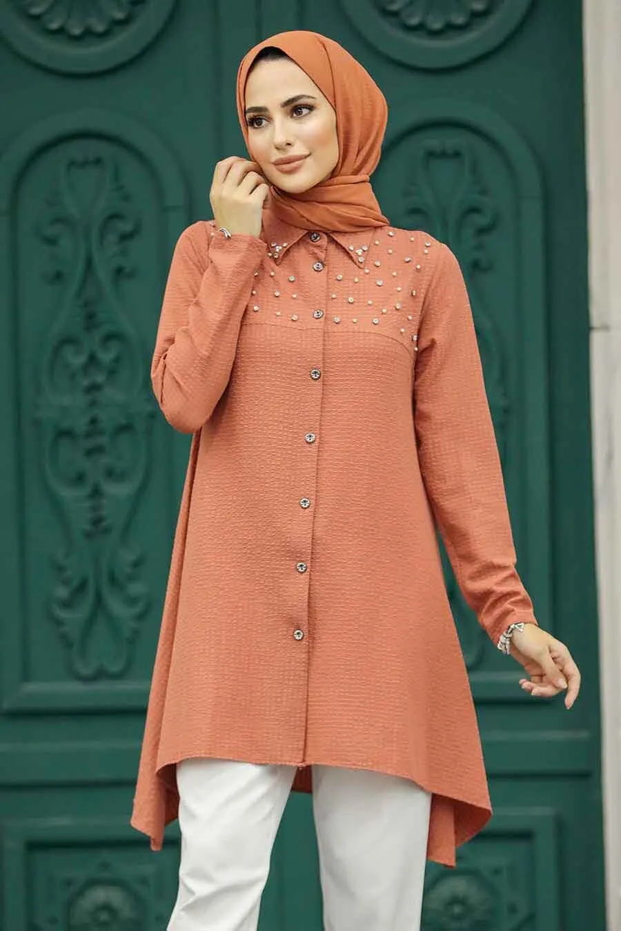 Pearl Detail Peach Turkish Top