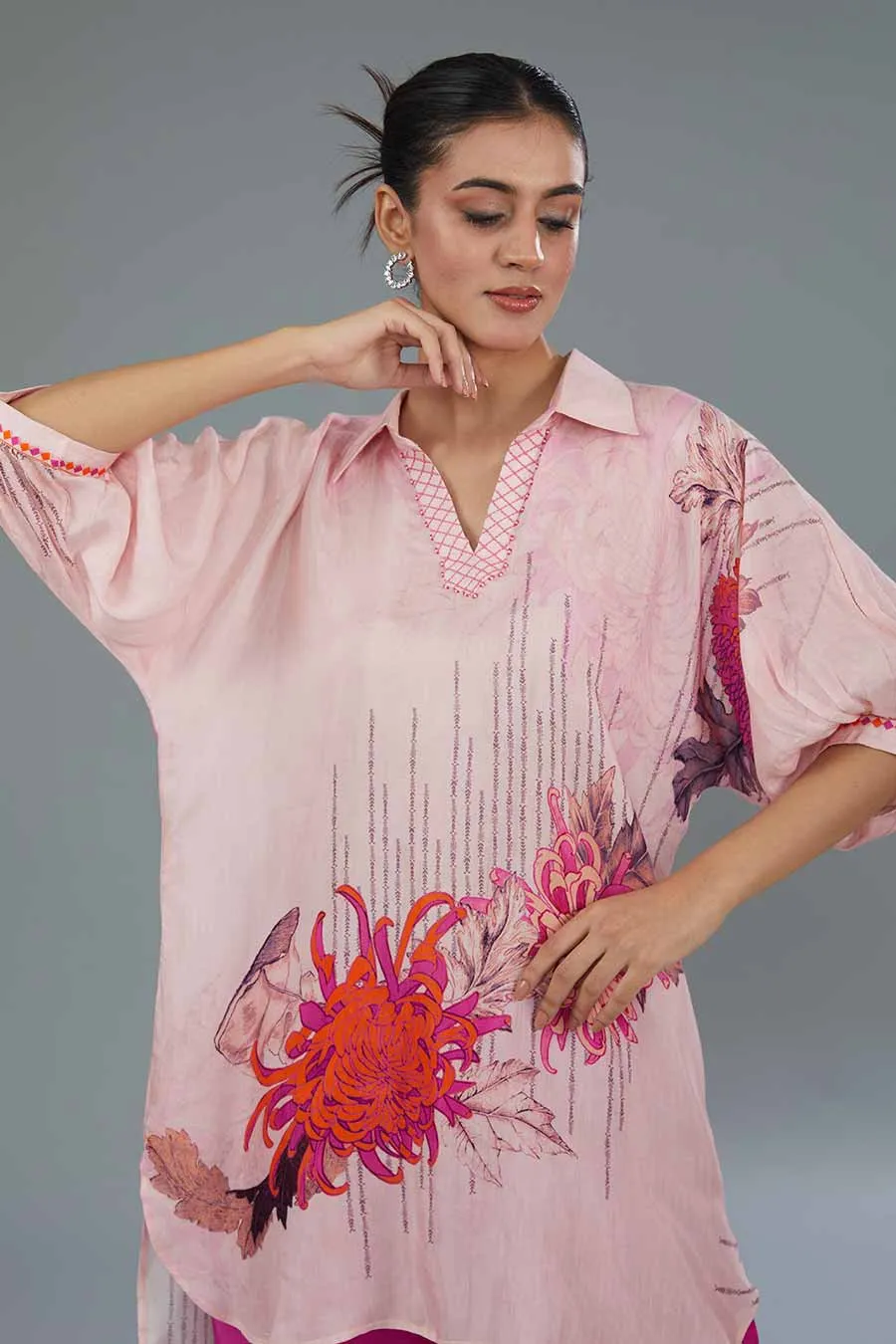 Pink Embellished High-Low Tunic & Pant Set