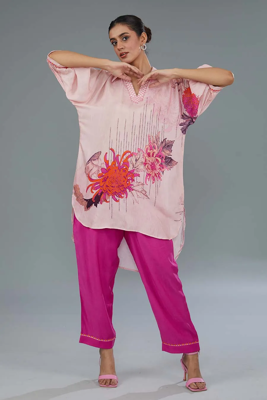 Pink Embellished High-Low Tunic & Pant Set