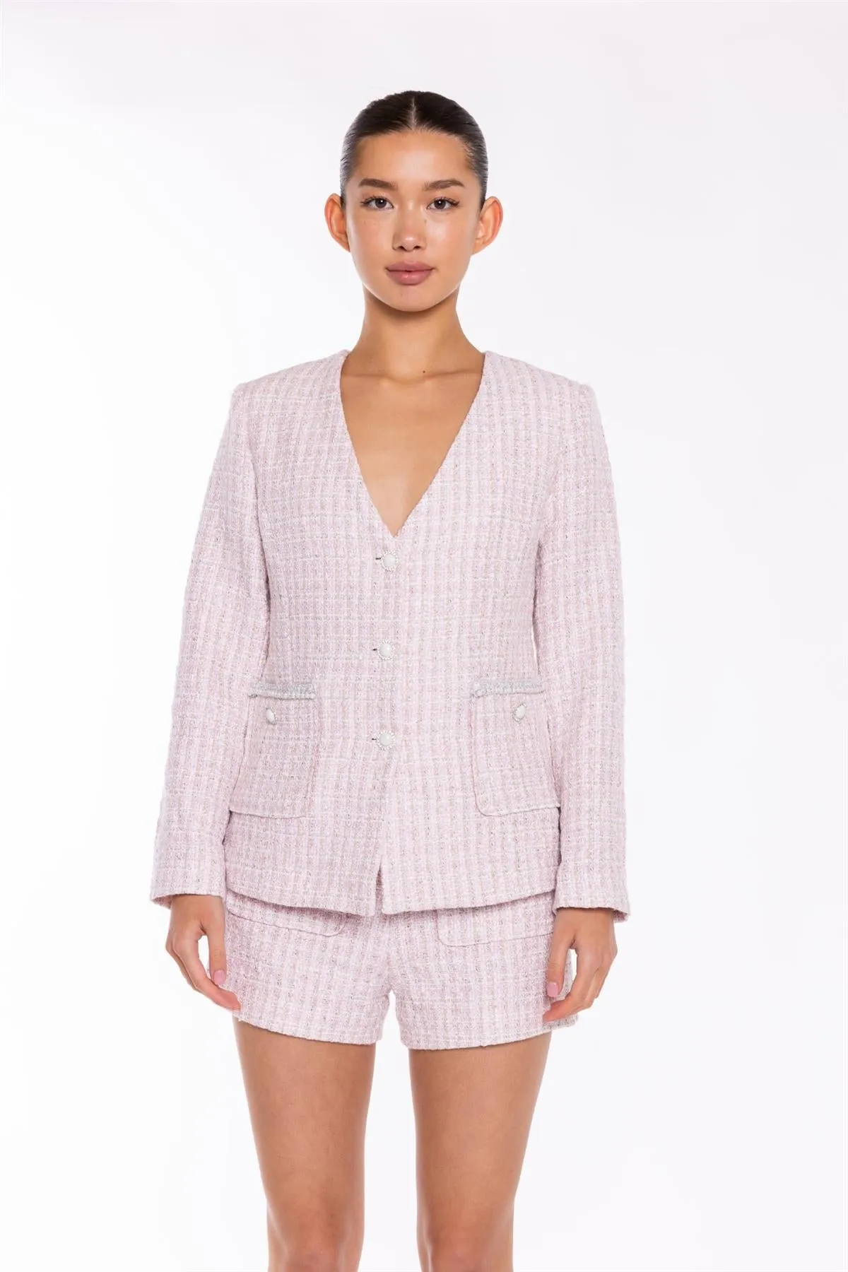 Pink-White Tweed Collarless -Blazer