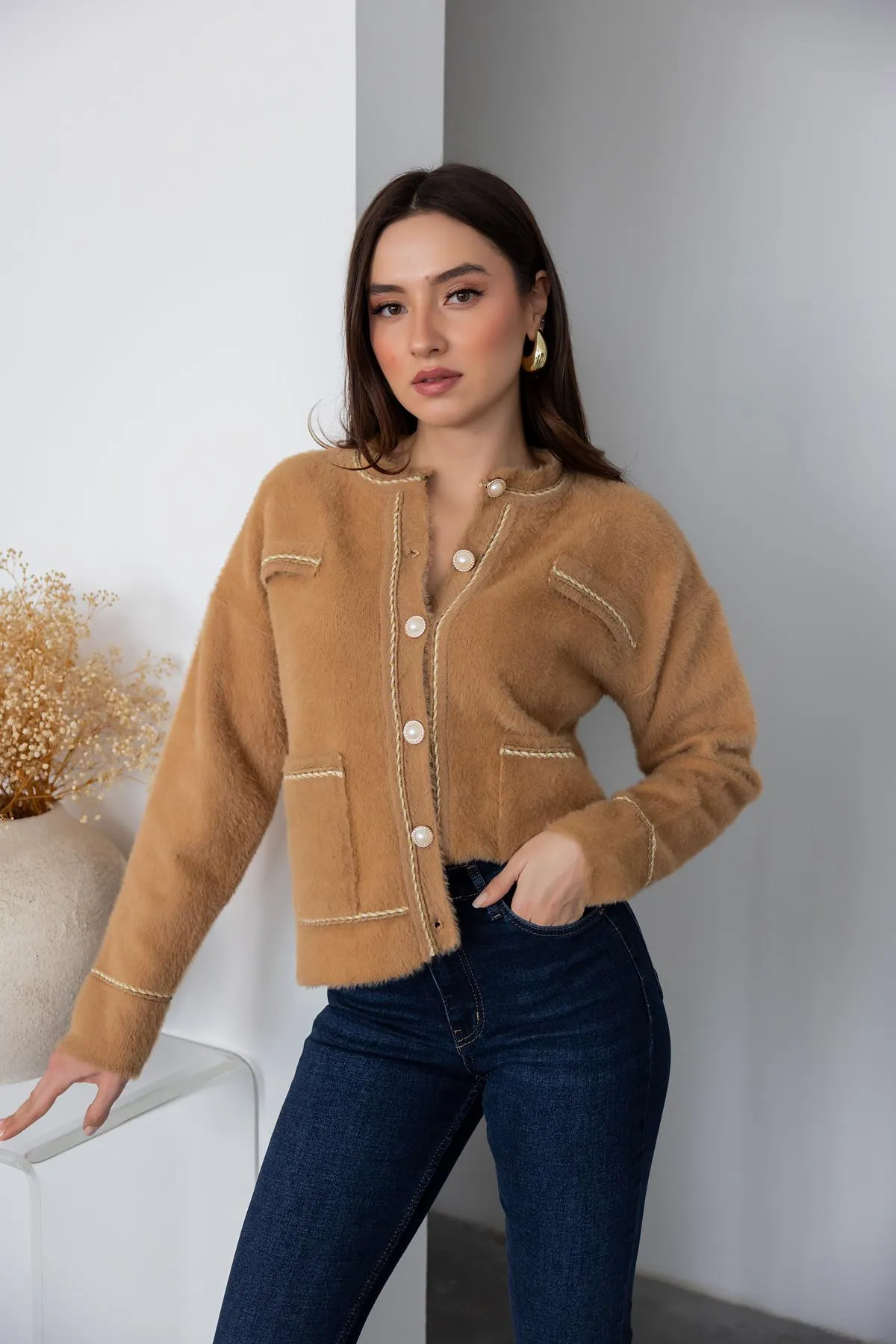 Premium Pearl Button Cardigan - CAMEL