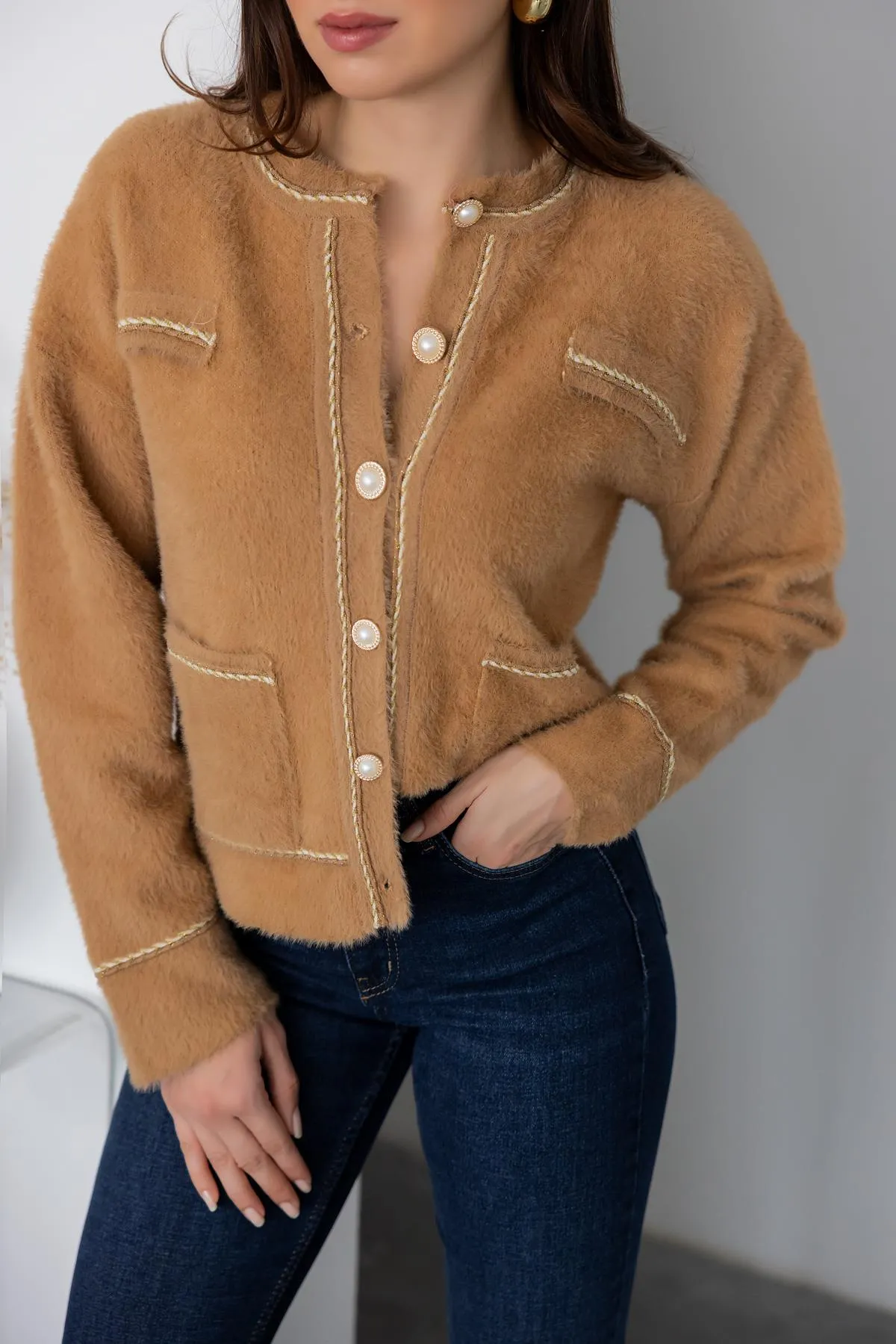 Premium Pearl Button Cardigan - CAMEL