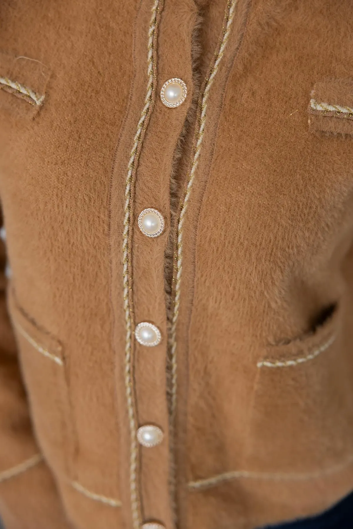 Premium Pearl Button Cardigan - CAMEL