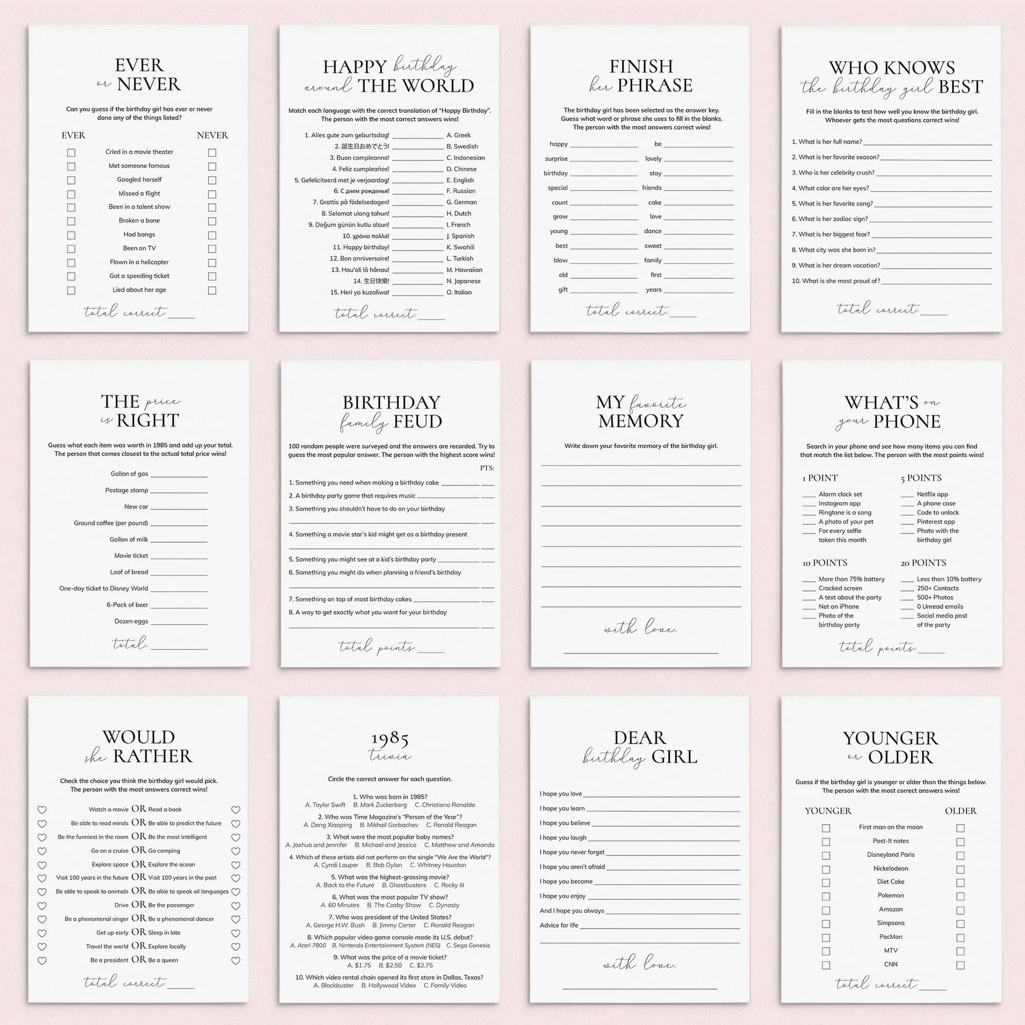 Printable 40th Birthday Games for Her Born in 1985