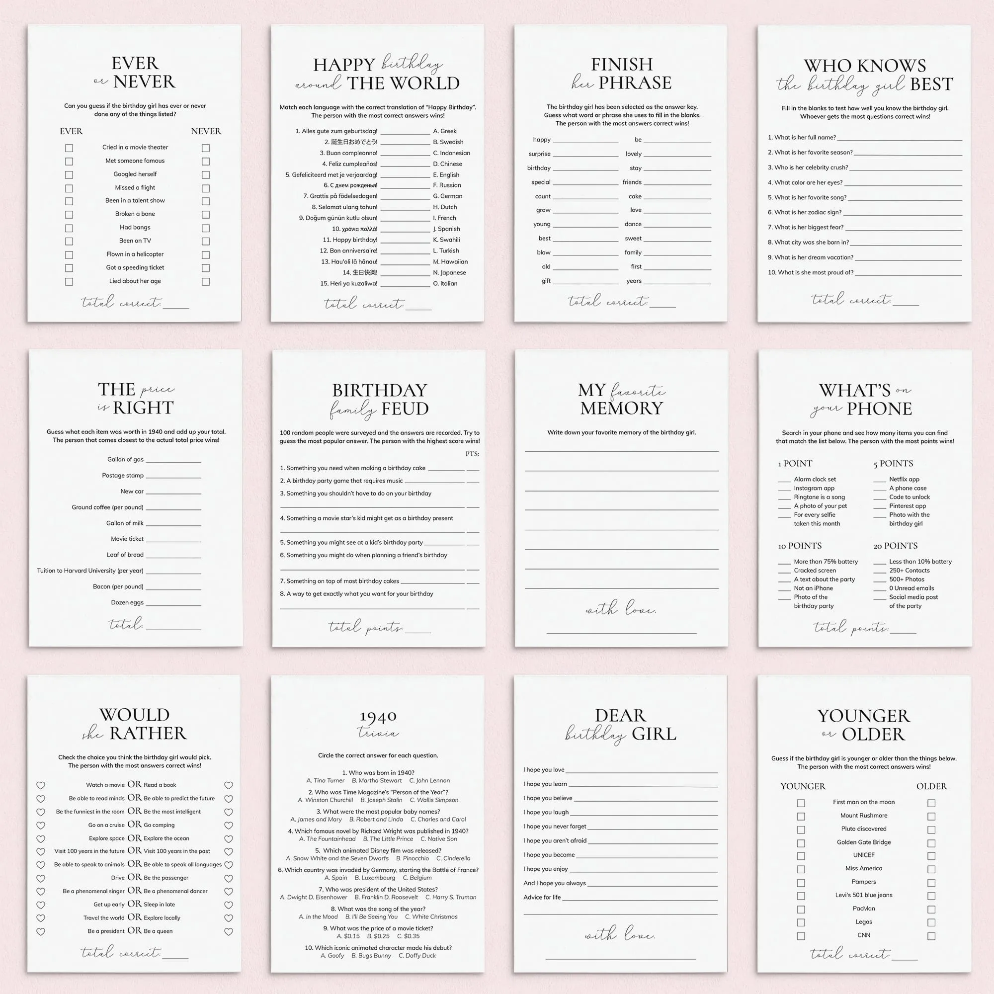Printable 85th Birthday Games for Her Born in 1940