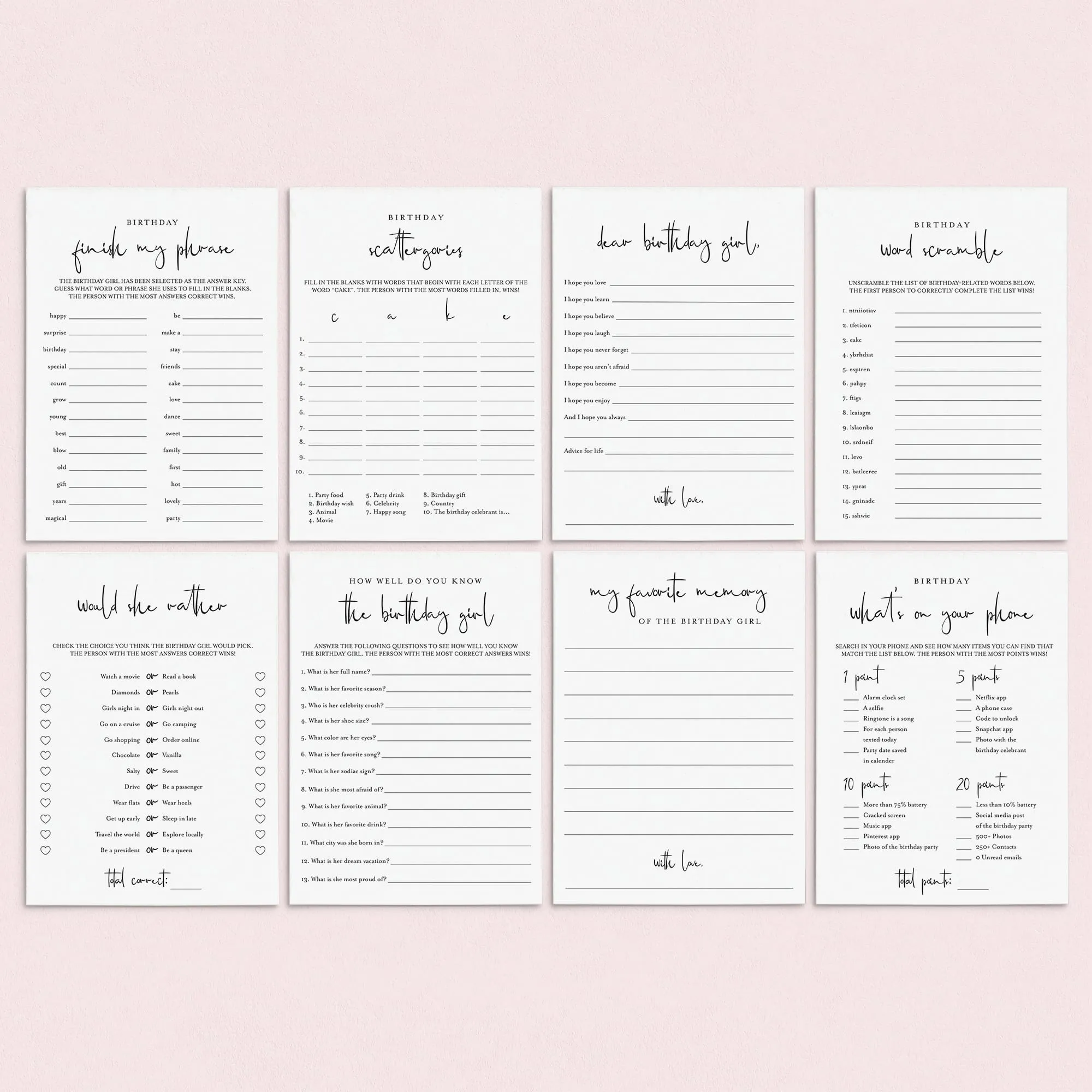 Printable Birthday Game Bundle for Her