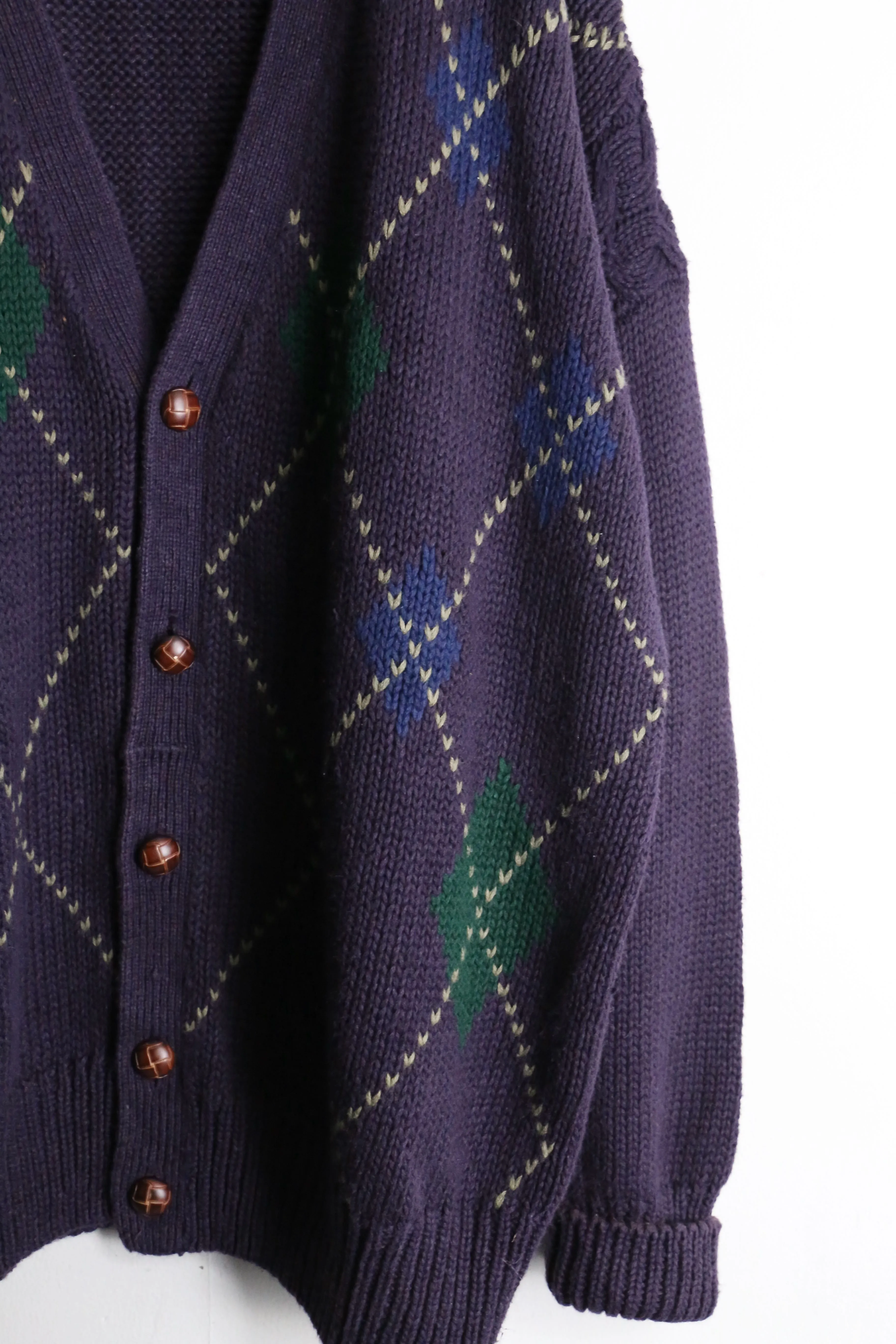 purple argyle check loose silhouette knit cardigan