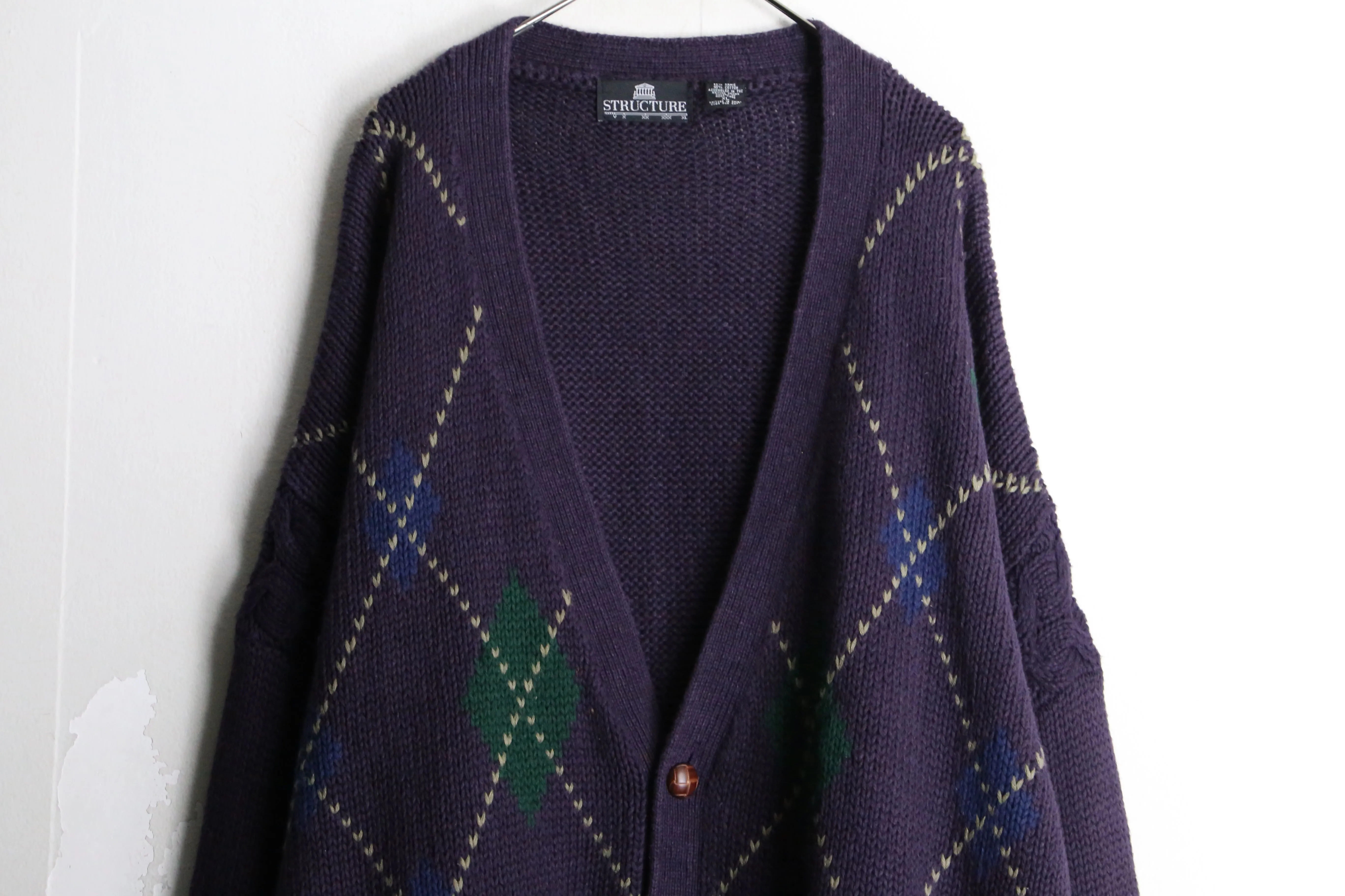 purple argyle check loose silhouette knit cardigan