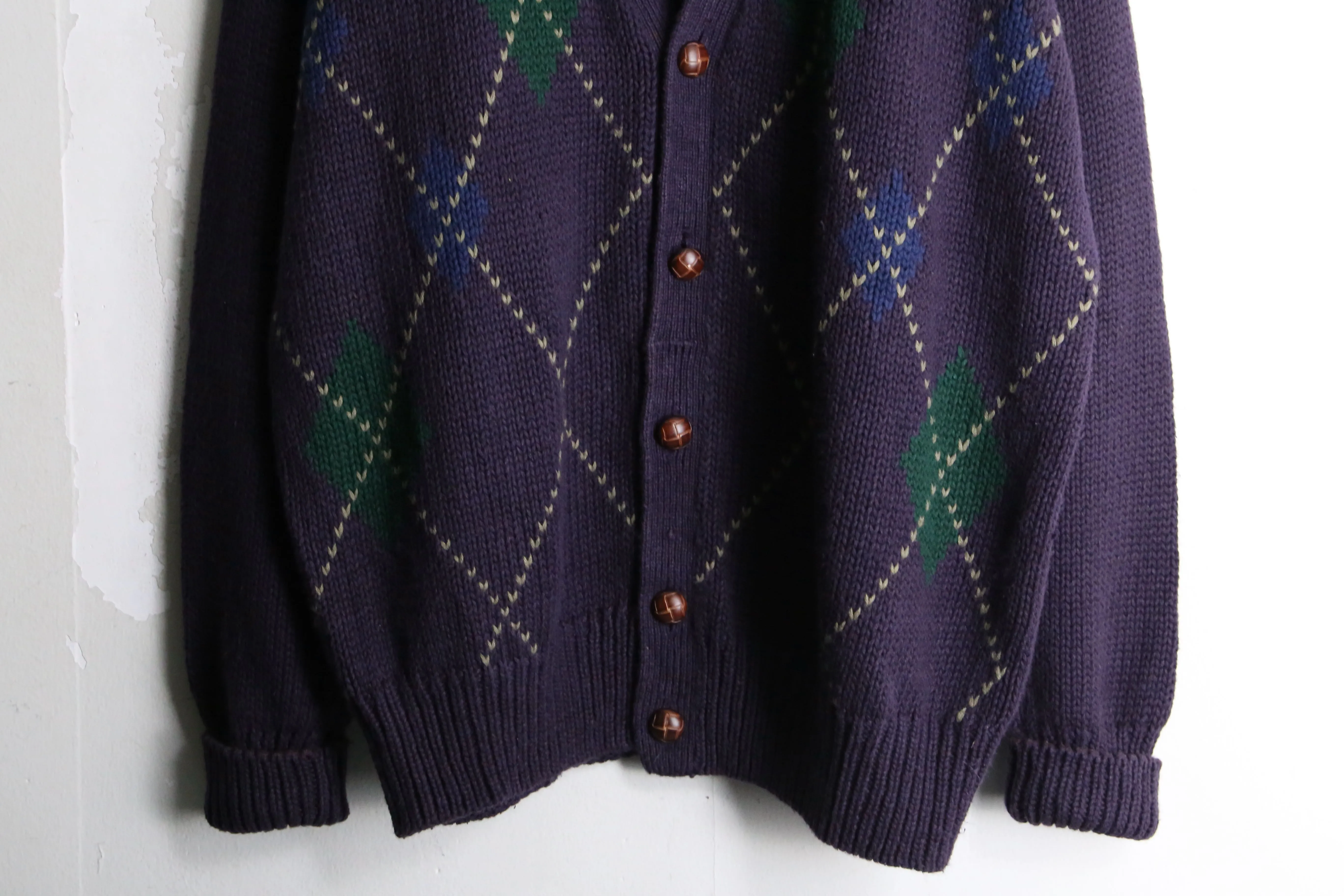 purple argyle check loose silhouette knit cardigan
