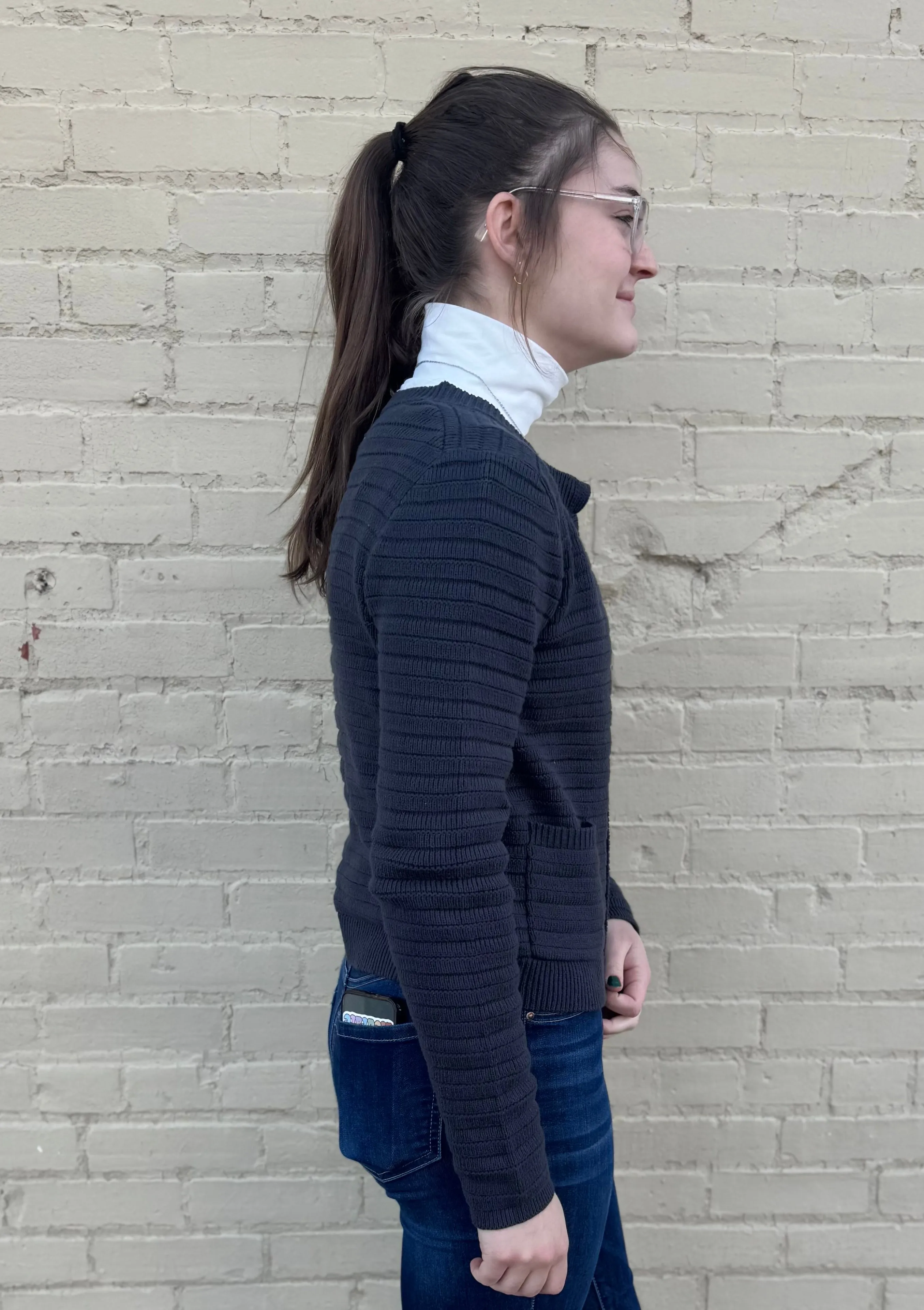 Raised Round Neck Cardigan w/ Pockets