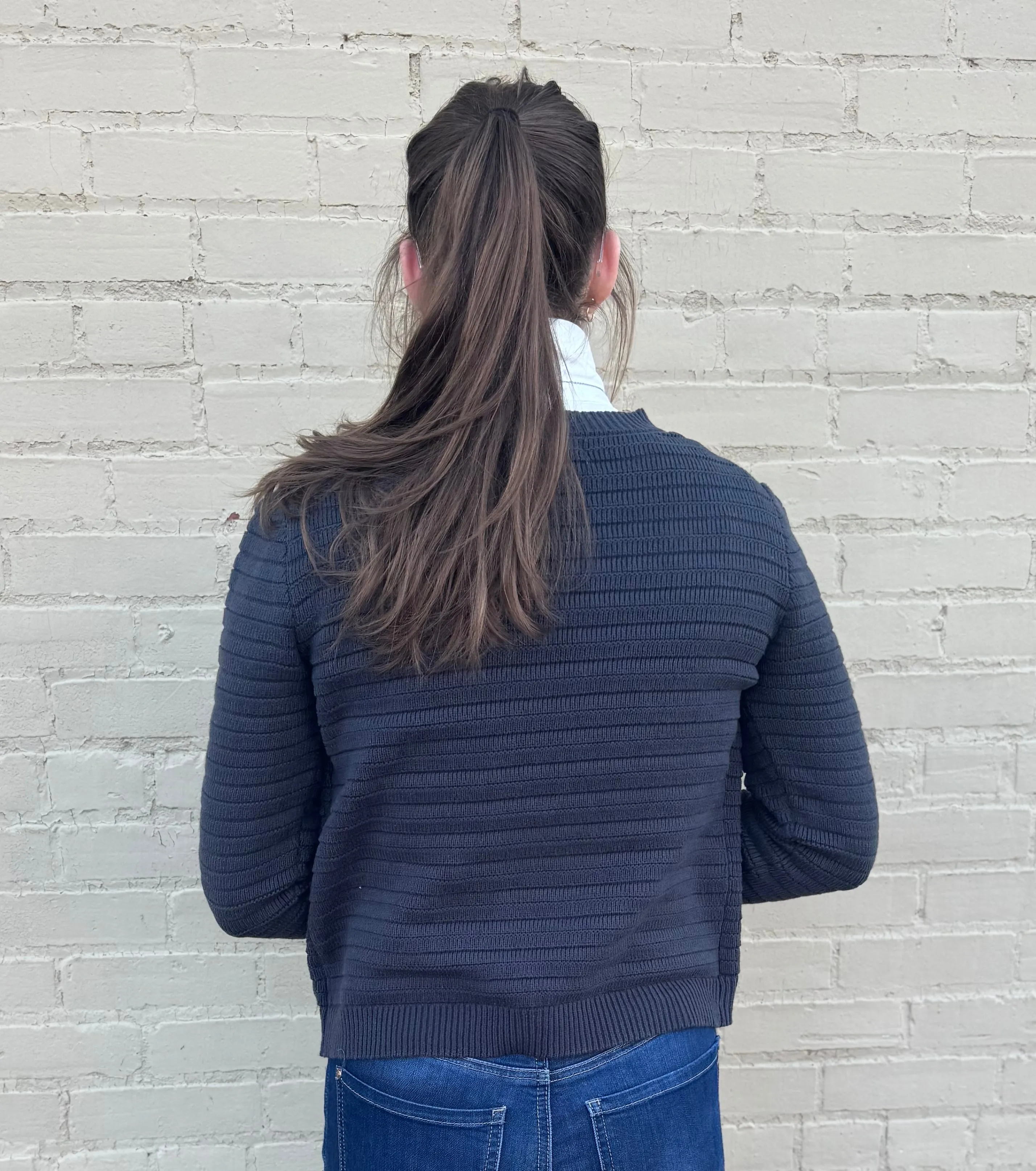 Raised Round Neck Cardigan w/ Pockets