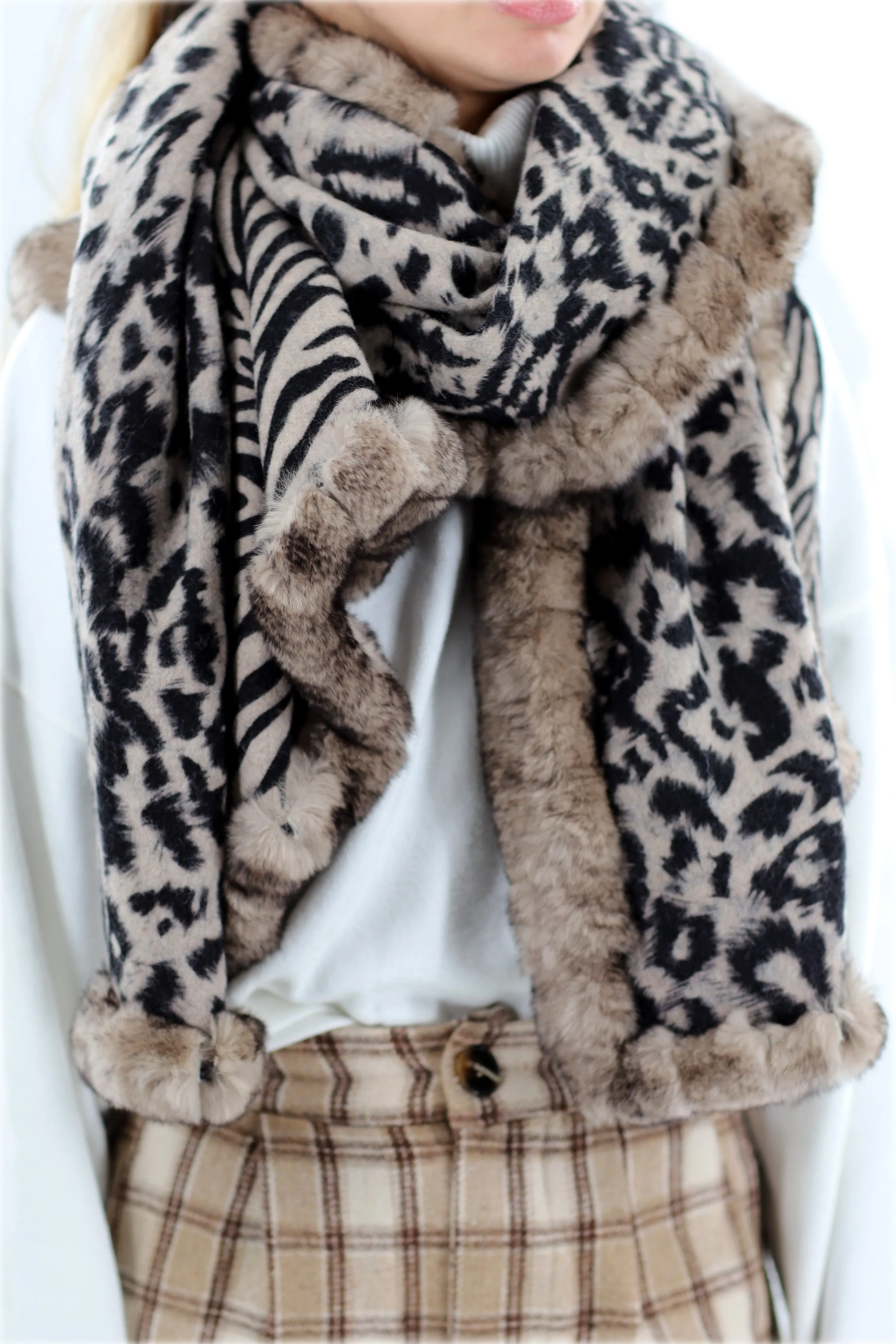 Reversible Animal Print Wrap with Genuine Rex Rabbit Fur Trim - 100% Wool - Black