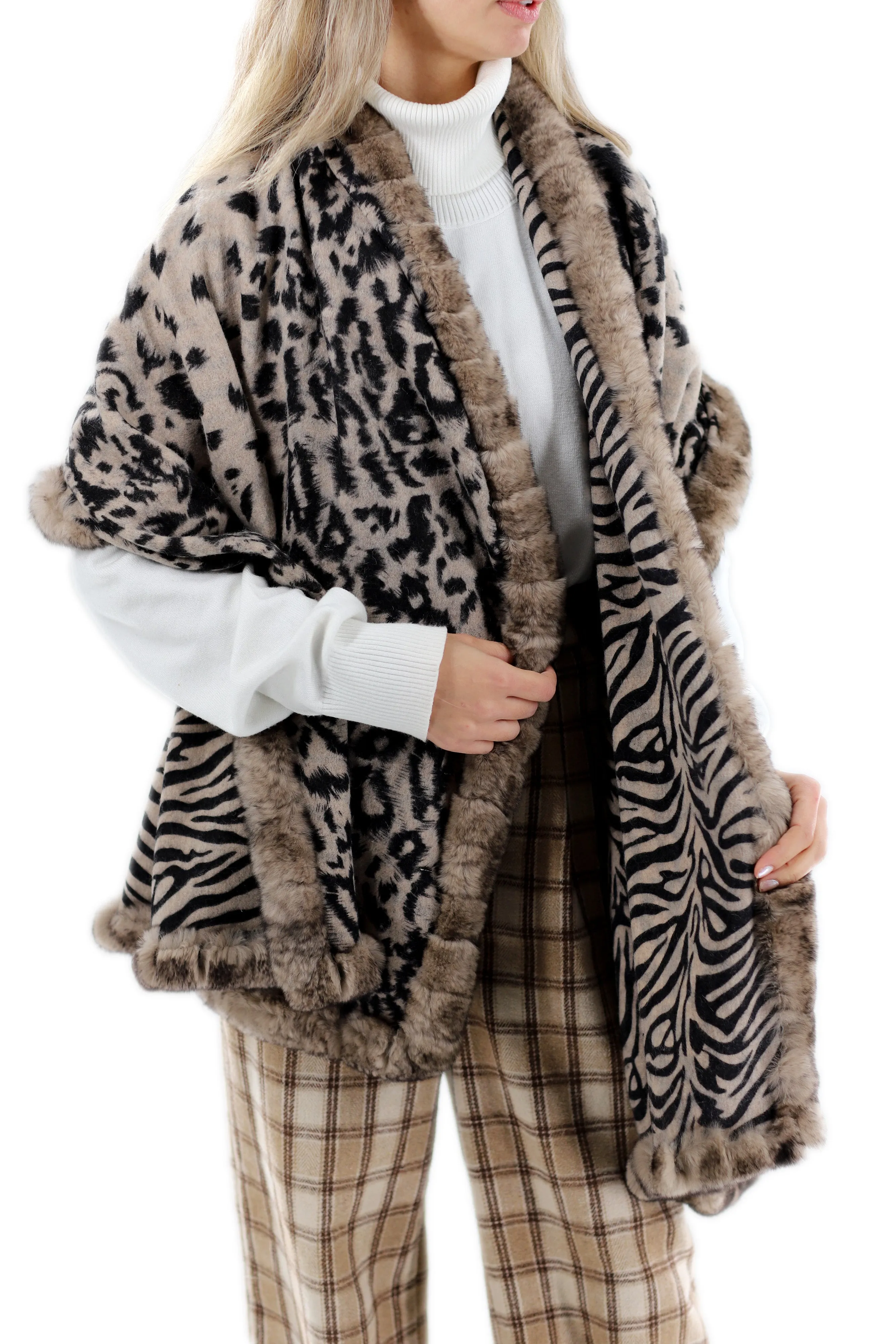 Reversible Animal Print Wrap with Genuine Rex Rabbit Fur Trim - 100% Wool - Black