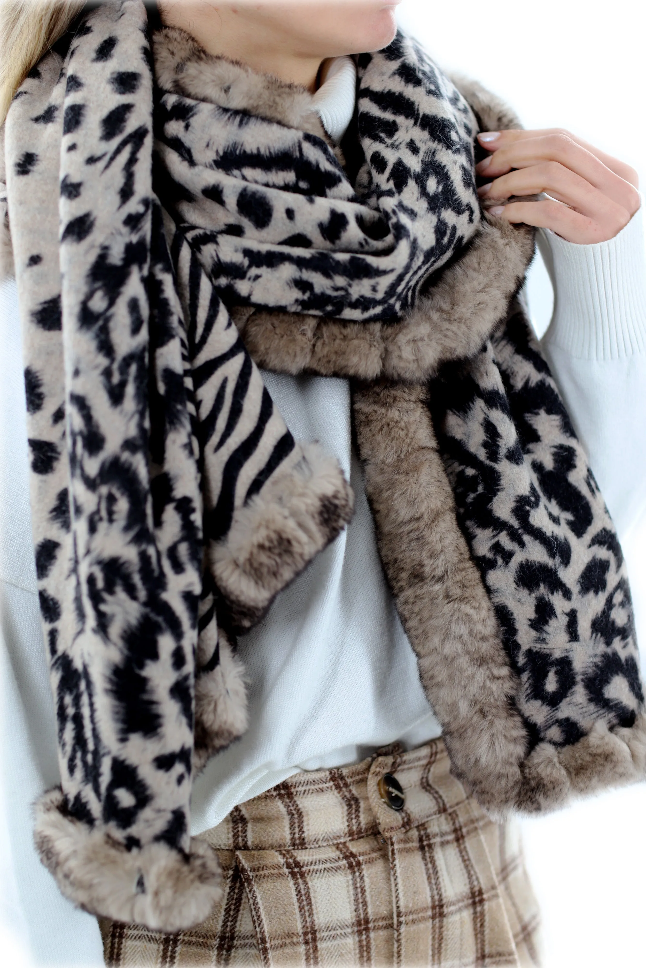 Reversible Animal Print Wrap with Genuine Rex Rabbit Fur Trim - 100% Wool - Black