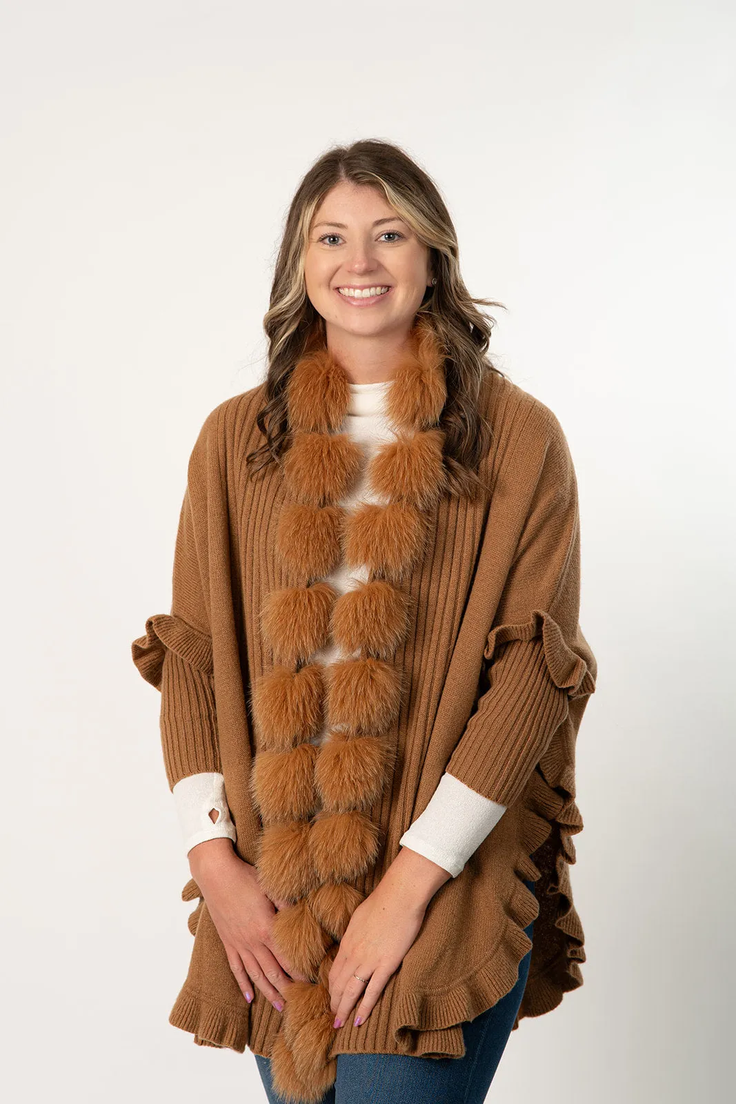 Rippe's Furs Fox Fur Trim Ruffled Wool Wrap - Camel