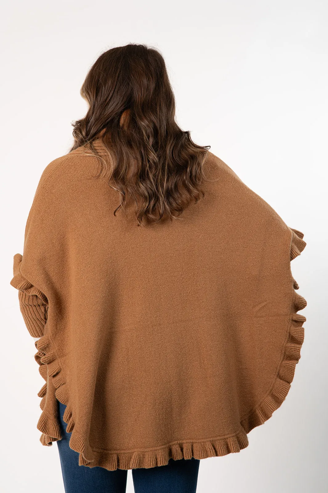 Rippe's Furs Fox Fur Trim Ruffled Wool Wrap - Camel