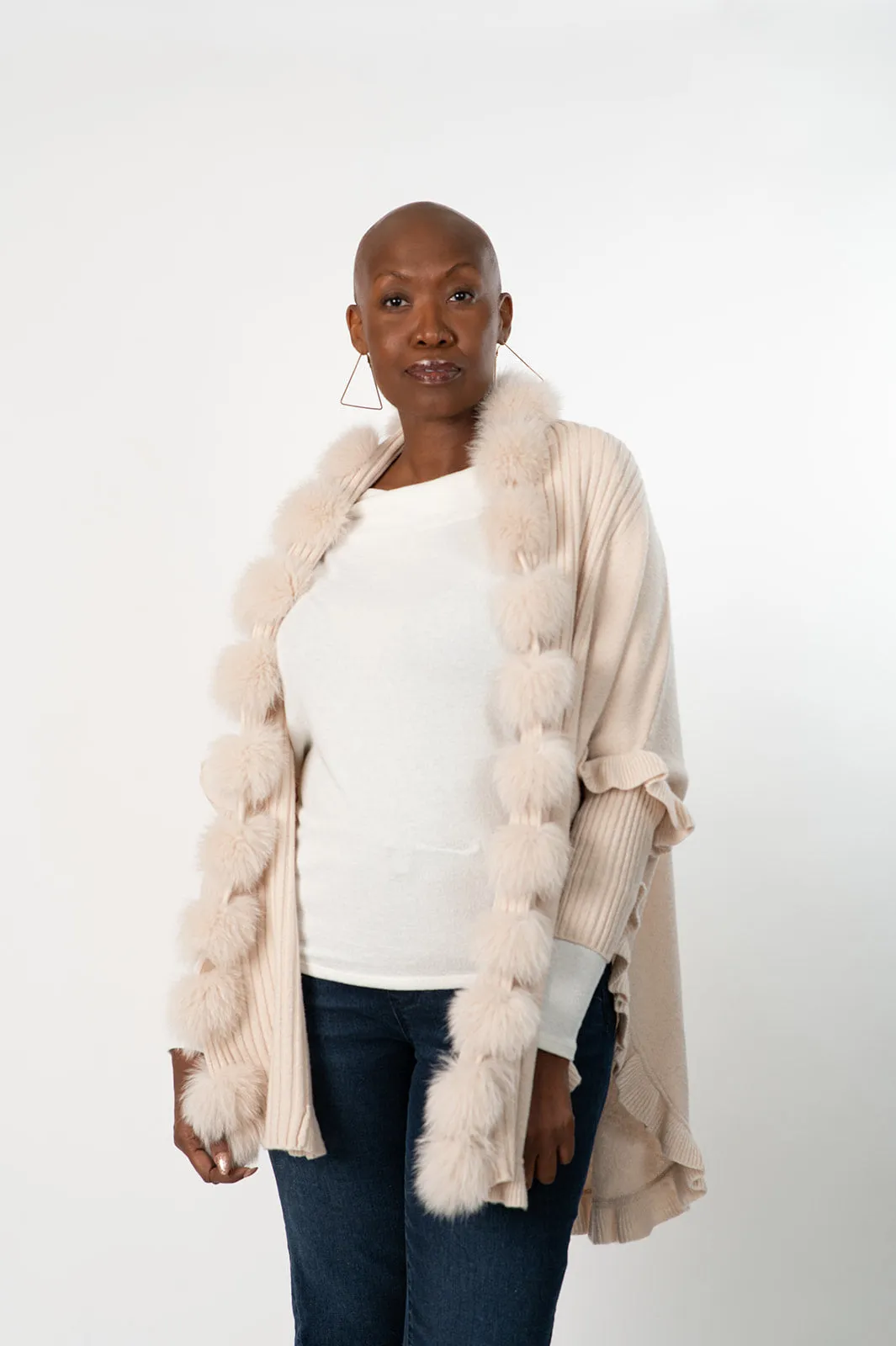 Rippe's Furs Fox Fur Trim Ruffled Wool Wrap - Pearl
