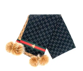 Rippe's Furs Print Scarf with Embroidered Bee and Fox Fur Poms - Navy/Multicolor