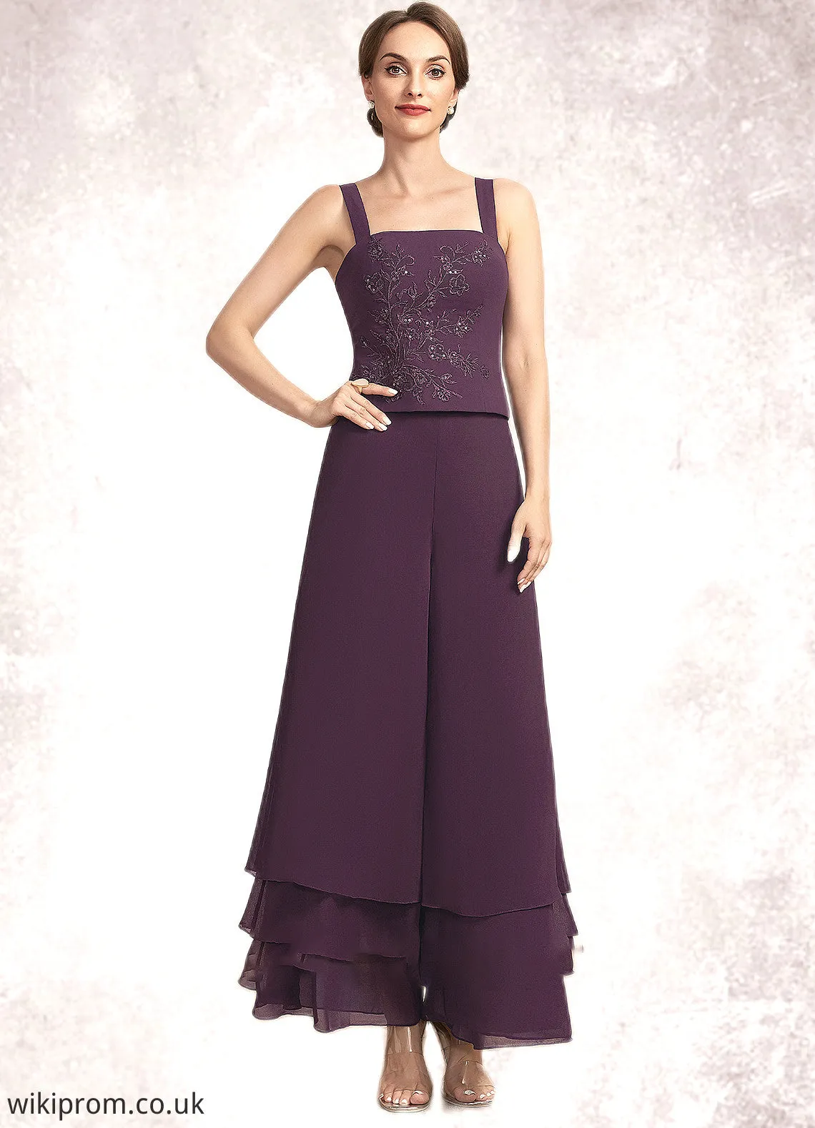 Savanna Jumpsuit/Pantsuit Square Neckline Ankle-Length Chiffon Lace Mother of the Bride Dress With Sequins SWK126P0014676