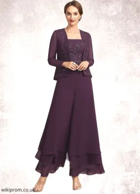 Savanna Jumpsuit/Pantsuit Square Neckline Ankle-Length Chiffon Lace Mother of the Bride Dress With Sequins SWK126P0014676