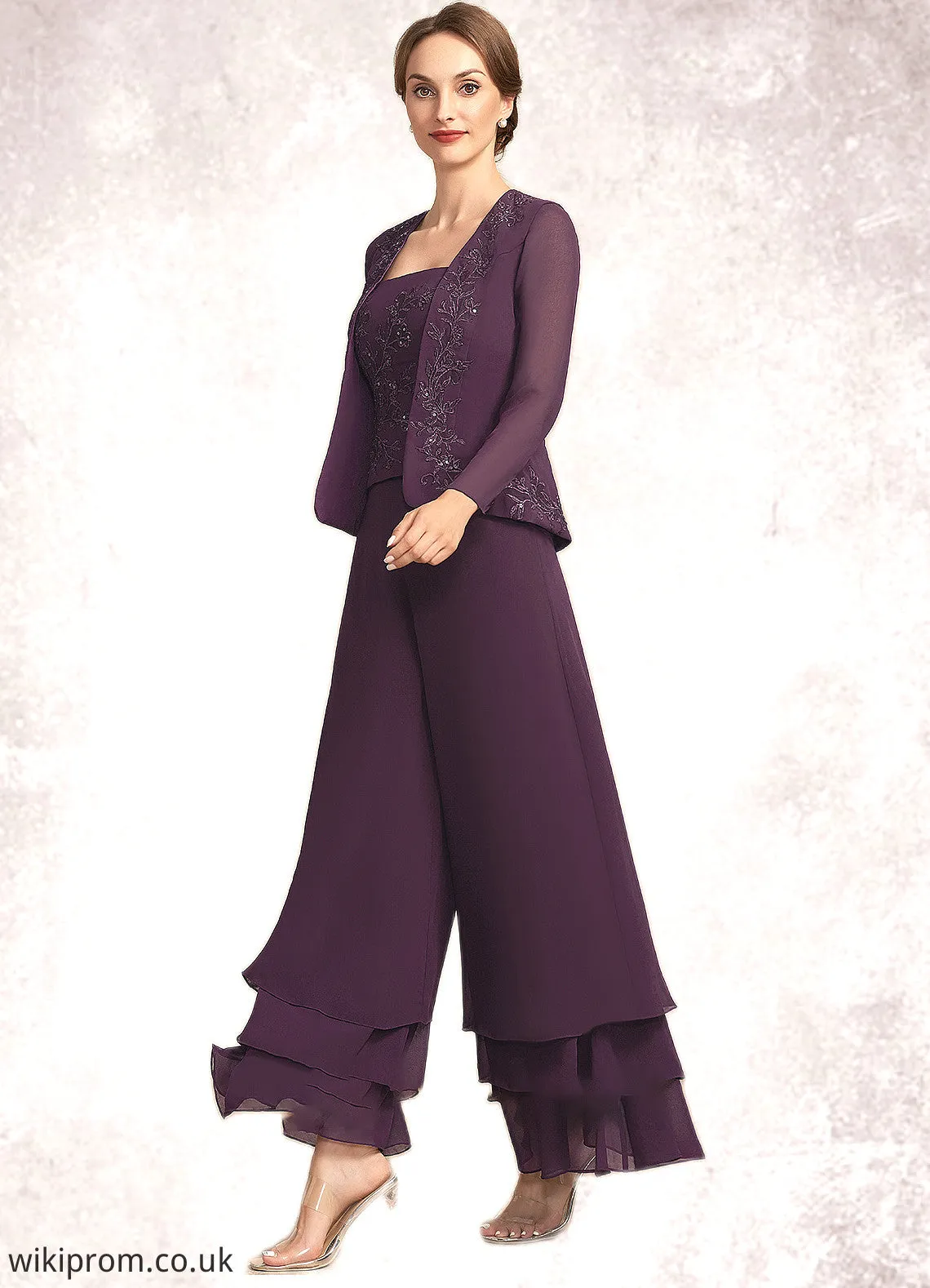 Savanna Jumpsuit/Pantsuit Square Neckline Ankle-Length Chiffon Lace Mother of the Bride Dress With Sequins SWK126P0014676
