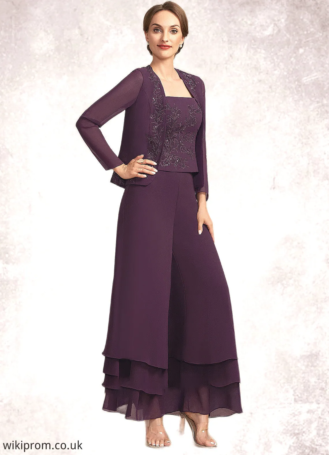 Savanna Jumpsuit/Pantsuit Square Neckline Ankle-Length Chiffon Lace Mother of the Bride Dress With Sequins SWK126P0014676