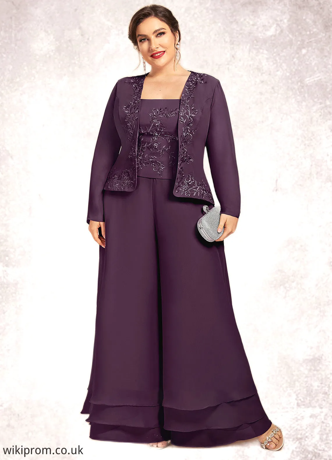 Savanna Jumpsuit/Pantsuit Square Neckline Ankle-Length Chiffon Lace Mother of the Bride Dress With Sequins SWK126P0014676