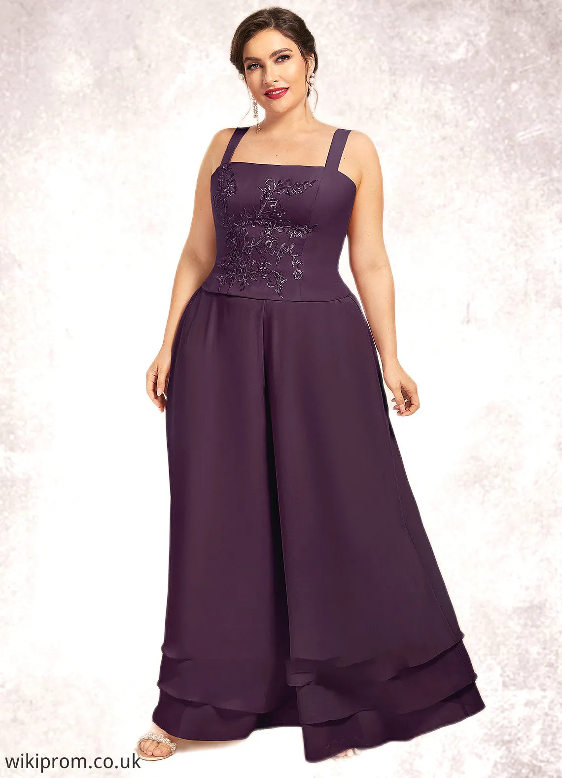 Savanna Jumpsuit/Pantsuit Square Neckline Ankle-Length Chiffon Lace Mother of the Bride Dress With Sequins SWK126P0014676