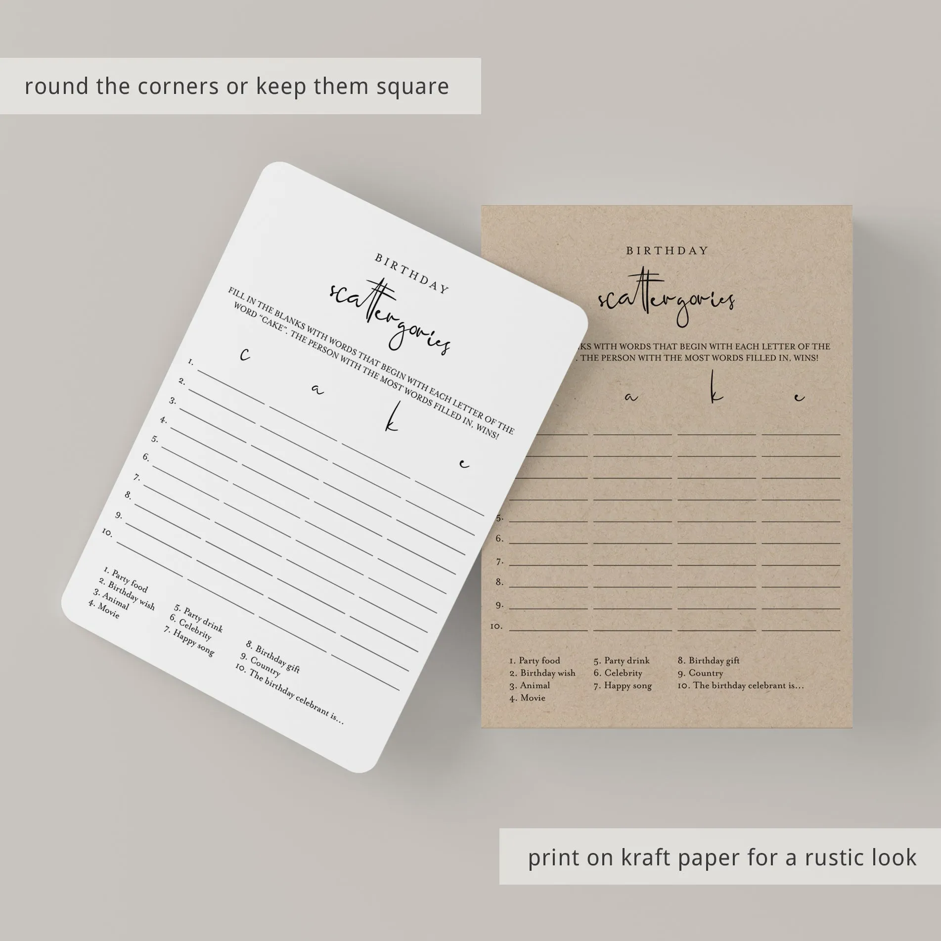 Scattergories Birthday Game Printable