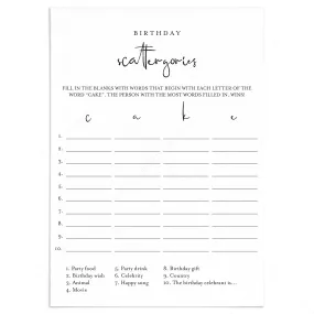 Scattergories Birthday Game Printable