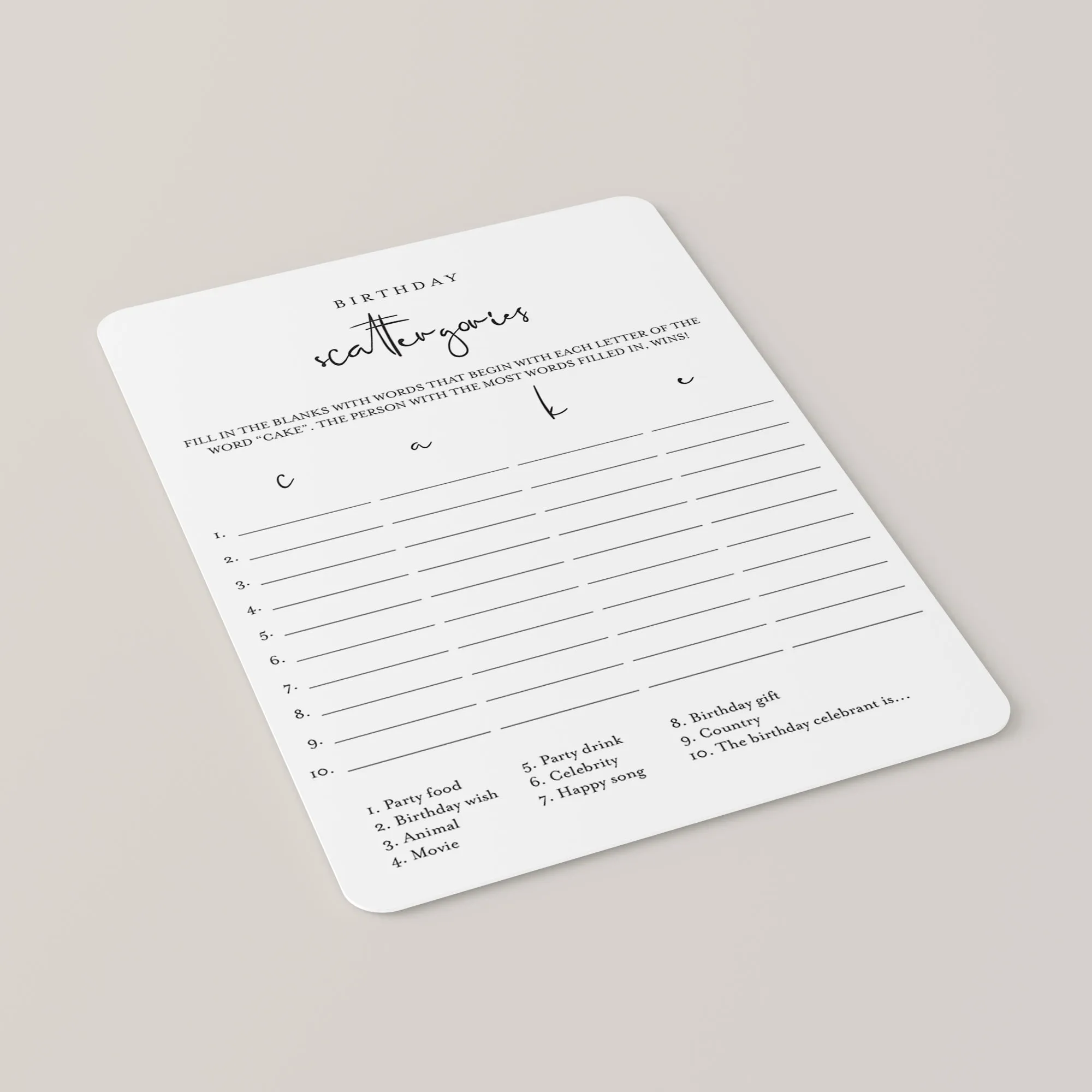 Scattergories Birthday Game Printable